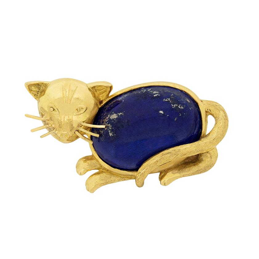 Taille cabochon Broche chat de style Art déco en lapis-lazuli, circa 1930 en vente