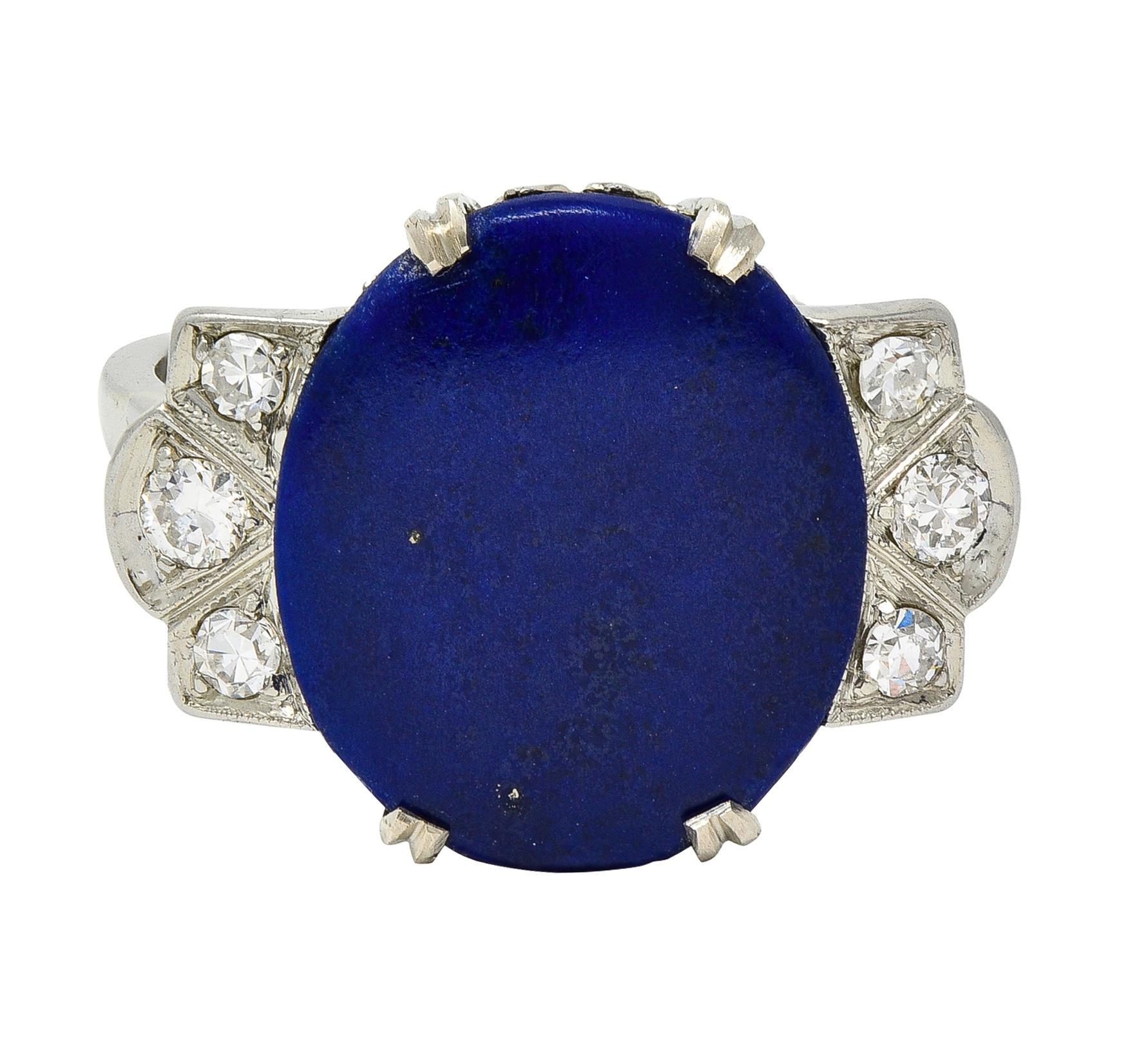 Anello da cocktail Art Deco Lapislazzuli Diamante Oro 18 Carati Vintage Fleur-De-Lis in vendita