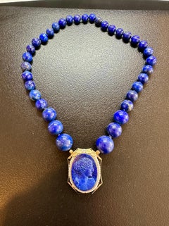 Art Deco Lapis Lazuli Goddess Woman Cameo Necklace 14K Gold Neoclassical Enamel