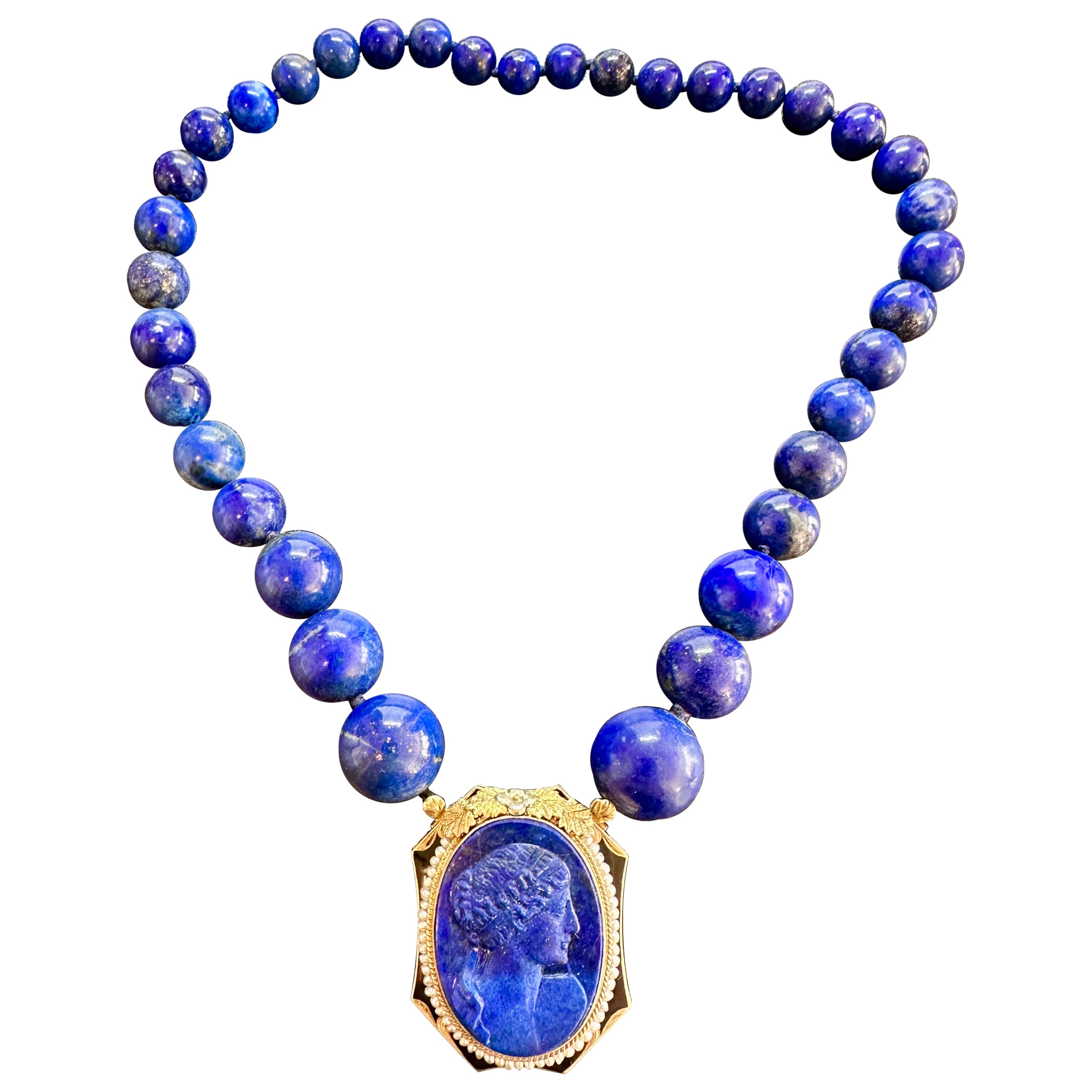 Collana Art Deco Lapislazzuli Dea Donna Cammeo Oro 14K Smalto Neoclassico in vendita