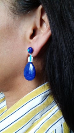 Art Deco Style Lapis Lazuli Gold Turquoise Diamonds Blue Enamel Drop Earrings