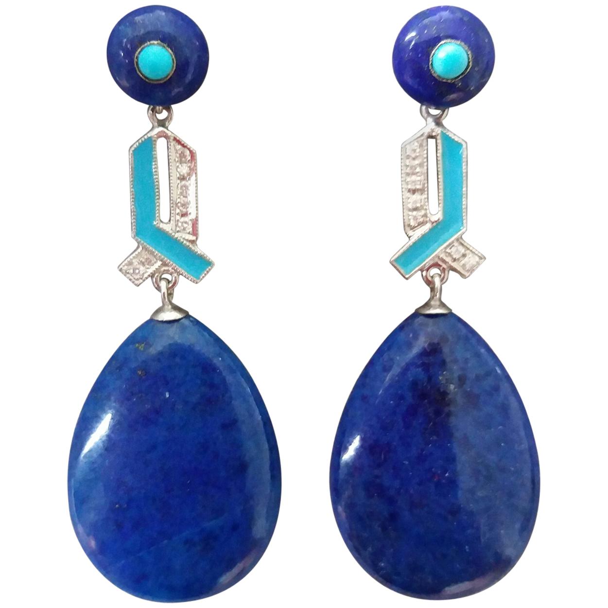 Art Deco Style Lapis Lazuli Gold Turquoise Diamonds Blue Enamel Drop Earrings