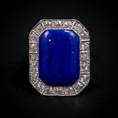 Art Deco Lapis Lazuli Old Cut Diamond Cocktail Ring Yellow White Gold 1930s