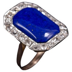 Art Deco Lapis Lazuli Old Cut Diamond Cocktail Ring Yellow White Gold 1930s