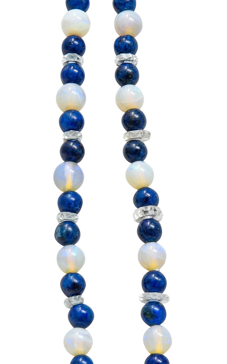Women's or Men's Art Deco Lapis Lazuli Rock Crystal Quartz Opal Sterling Silver Strand Necklace For Sale