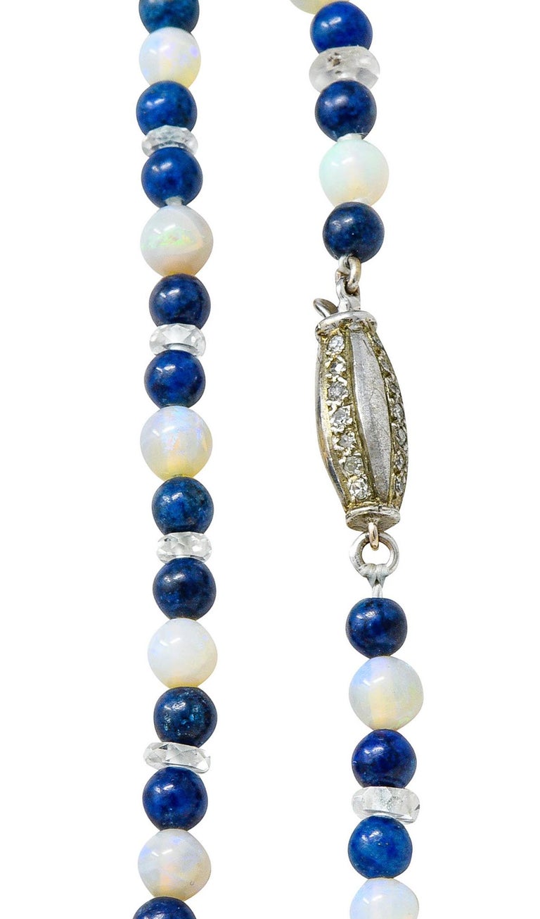 Art Deco Lapis Lazuli Rock Crystal Quartz Opal Sterling Silver Strand Necklace For Sale 1