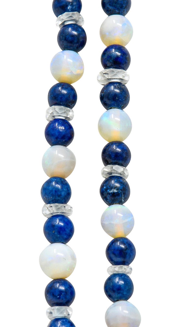 Art Deco Lapis Lazuli Rock Crystal Quartz Opal Sterling Silver Strand Necklace For Sale 3