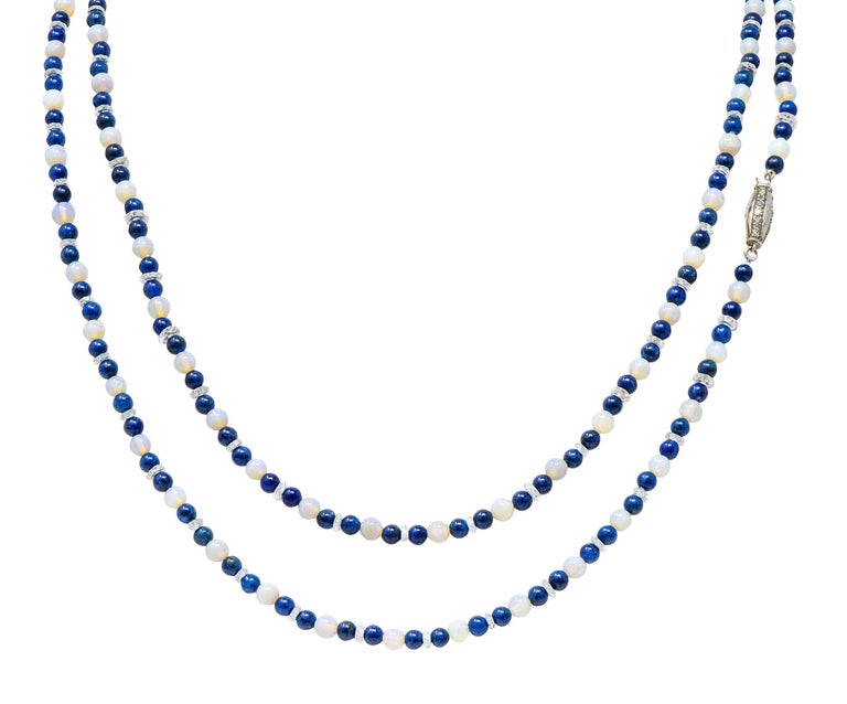 Art Deco Lapis Lazuli Rock Crystal Quartz Opal Sterling Silver Strand Necklace For Sale 4
