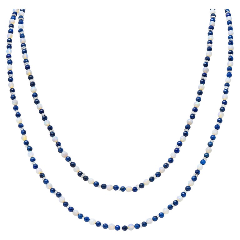 Art Deco Lapis Lazuli Rock Crystal Quartz Opal Sterling Silver Strand Necklace For Sale