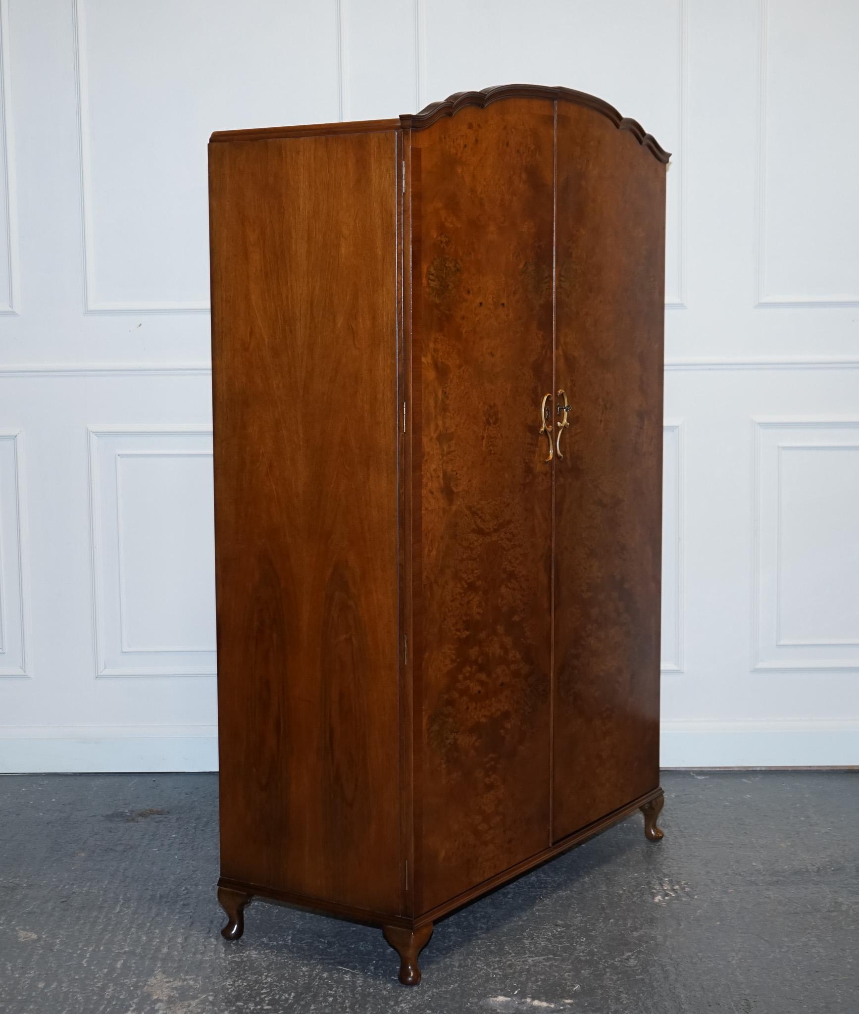 ART DECO LARGE 1940s BURR WALNUT QUEEN ANNE FEET STYLE WARDROBE 2