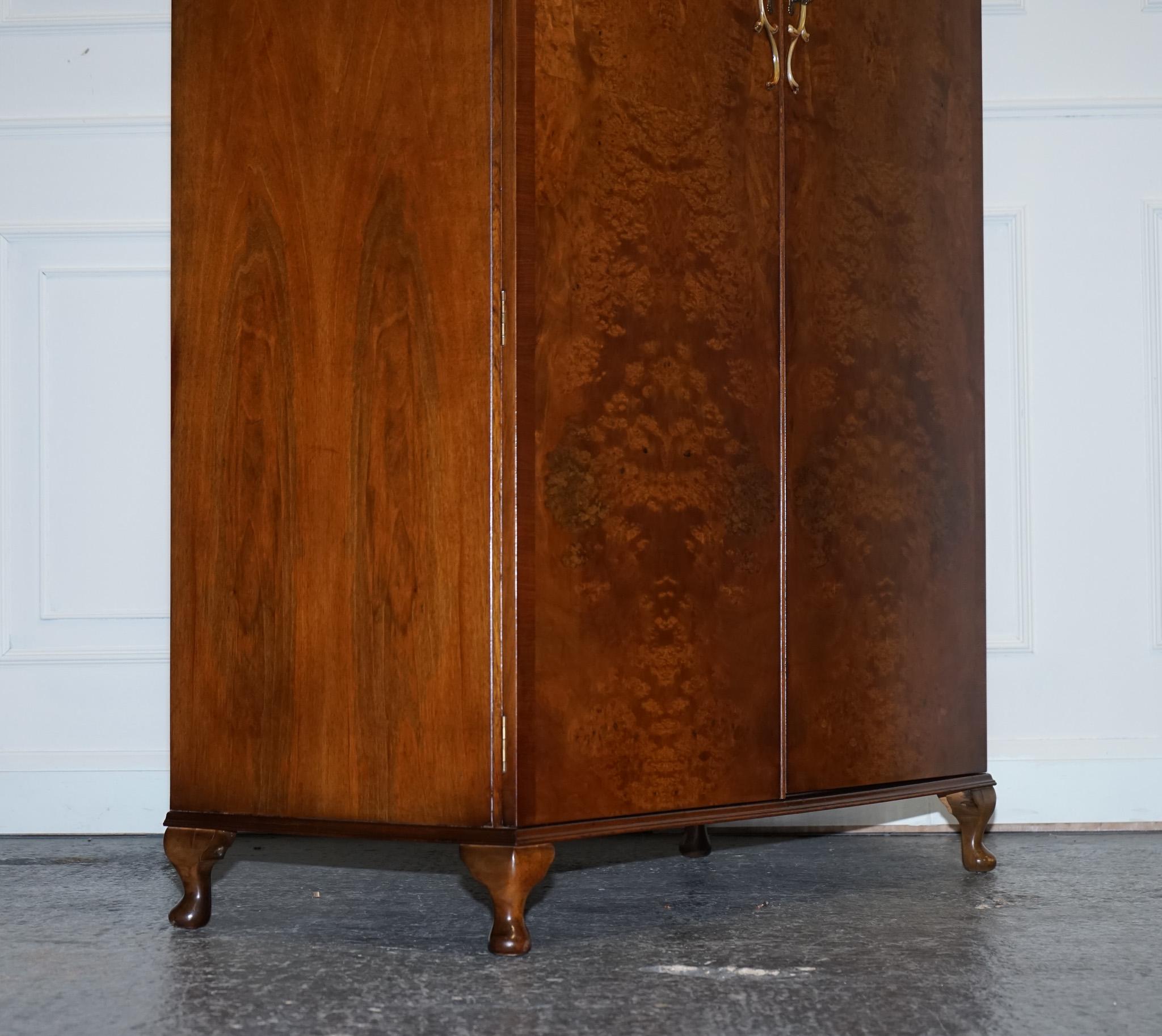 ART DECO LARGE 1940s BURR WALNUT QUEEN ANNE FEET STYLE WARDROBE 4