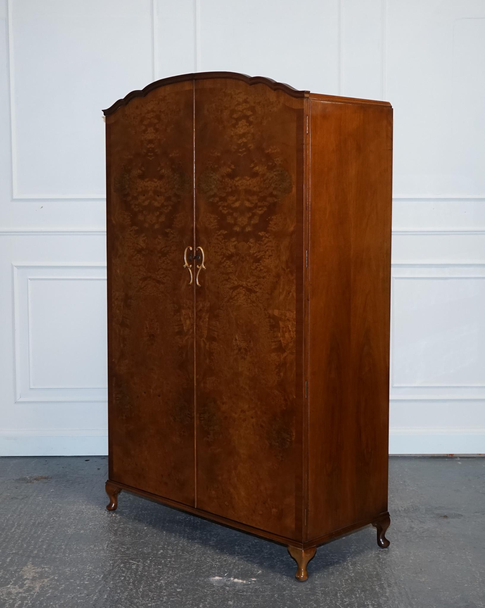 ART DECO LARGE 1940s BURR WALNUT QUEEN ANNE FEET STYLE WARDROBE 5