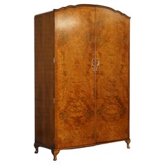 ART DECO LARGE 1940s BURR WALNUT QUEEN ANNE FEET STYLE WARDROBE