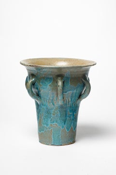 vaso in ceramica art déco grande del XX secolo, blu e grigio, di Primavera 1930