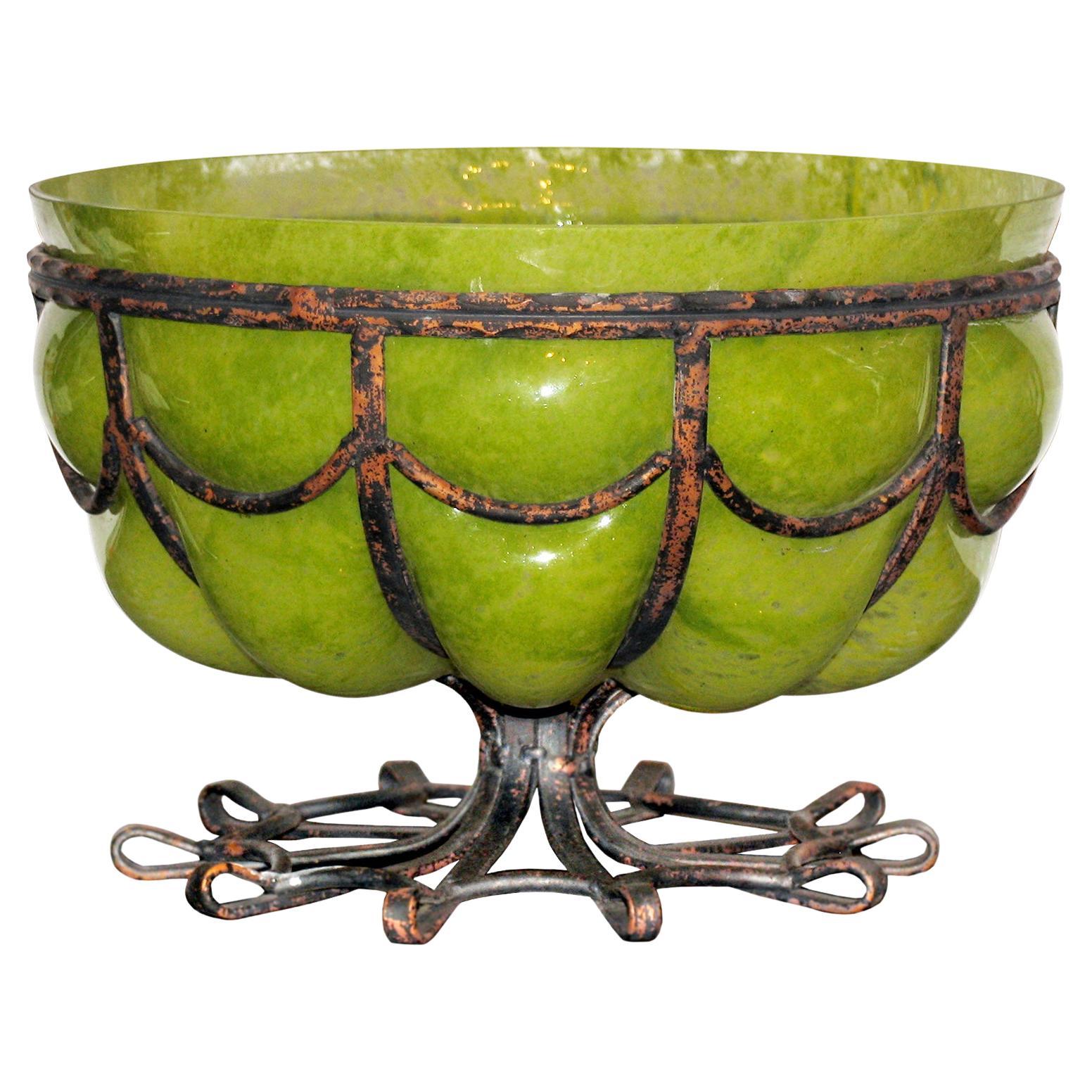 Art Deco Large Art Glass and Wrought Iron Bowl