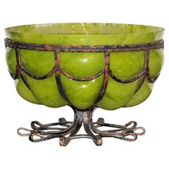 Art Deco Large Art Glass and Wrought Iron Bowl