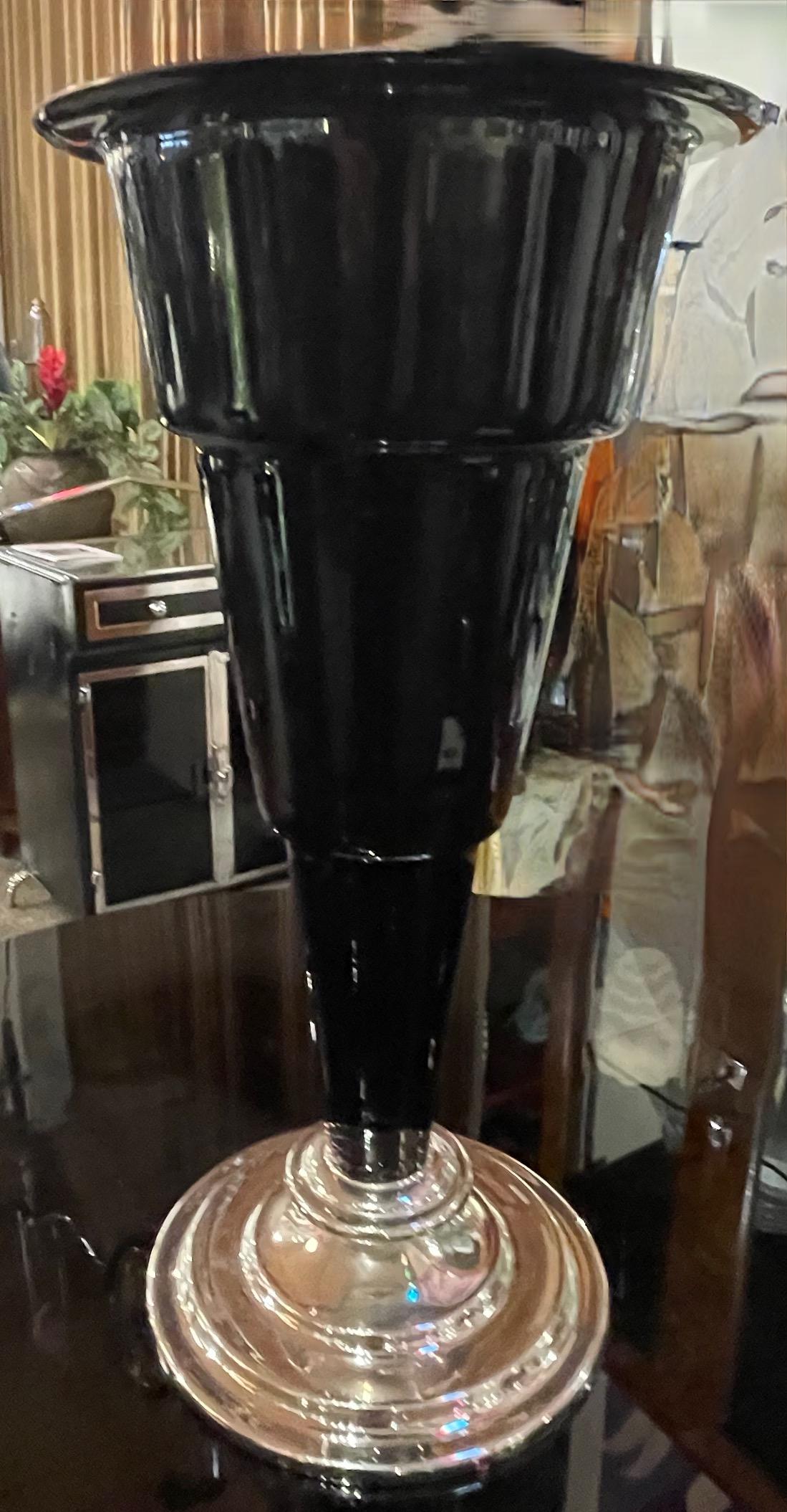 Czech Art Deco Large Black Glass Vase with Chrome Base For Sale