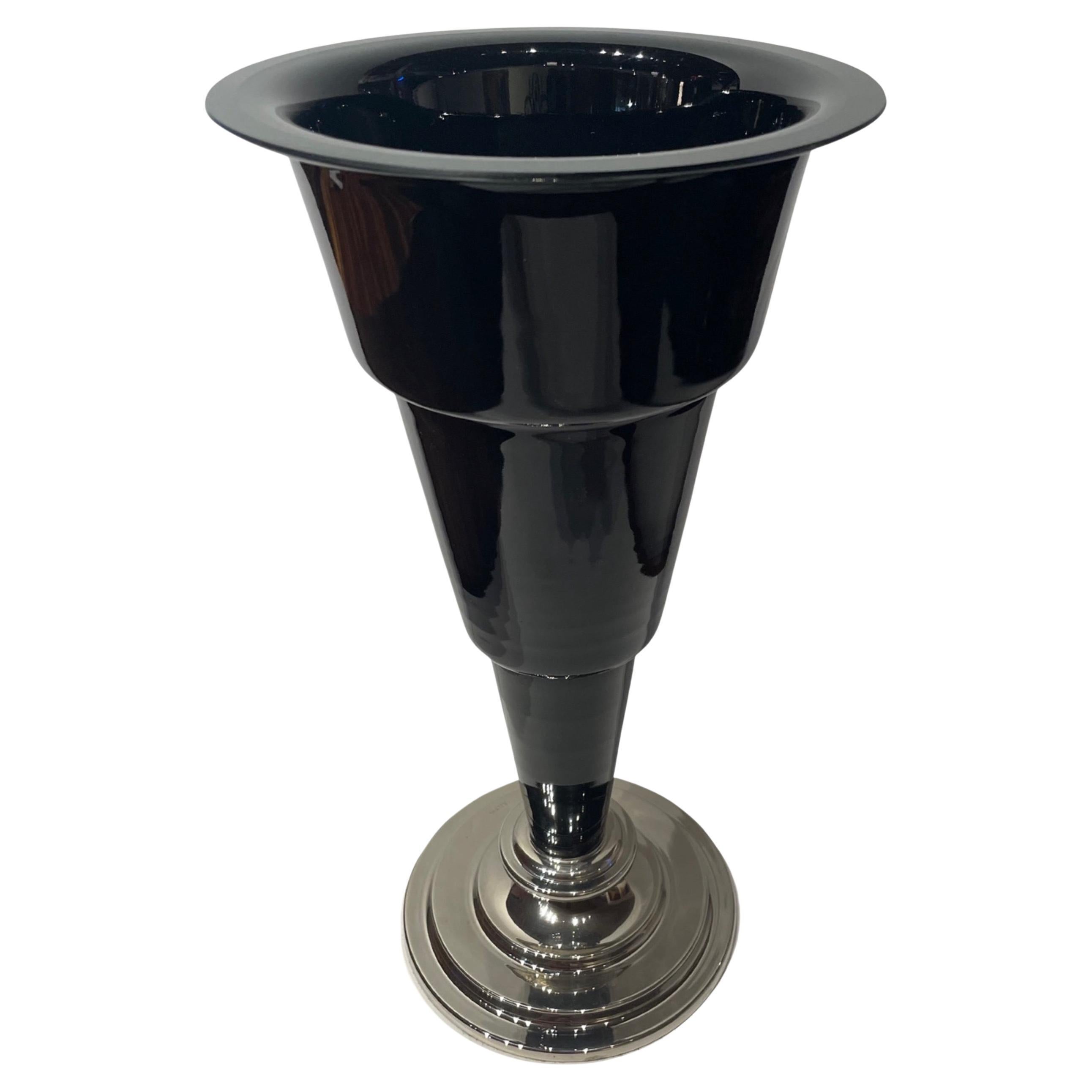 Art Deco Large Black Glass Vase with Chrome Base For Sale