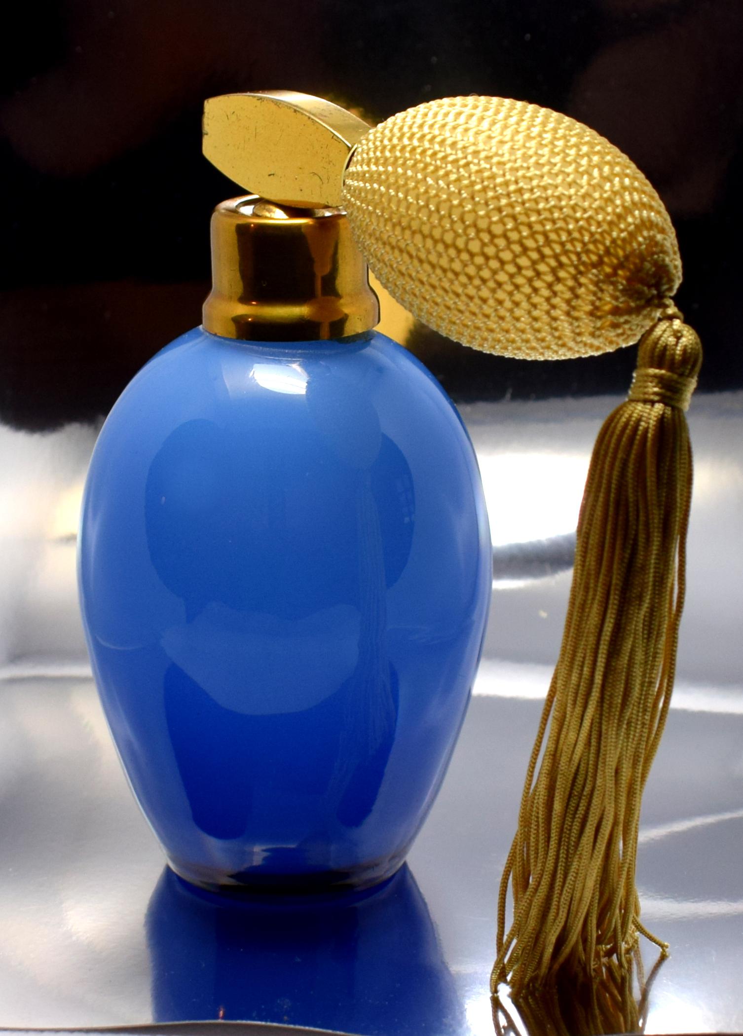 Art Deco Large Blue Glass Perfume Atomiser In Good Condition In Devon, England
