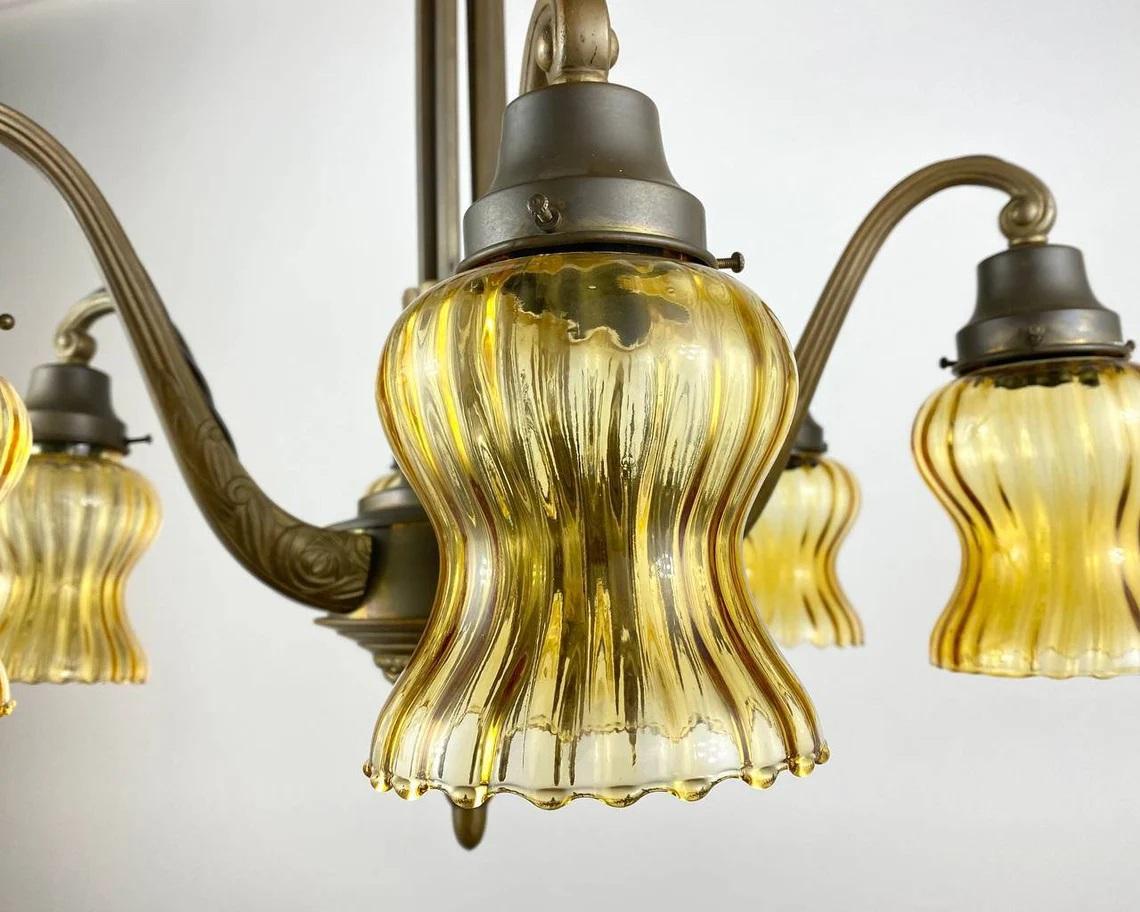 Early 20th Century Art Deco Large Bronze Antique Chandelier, 1920s For Sale