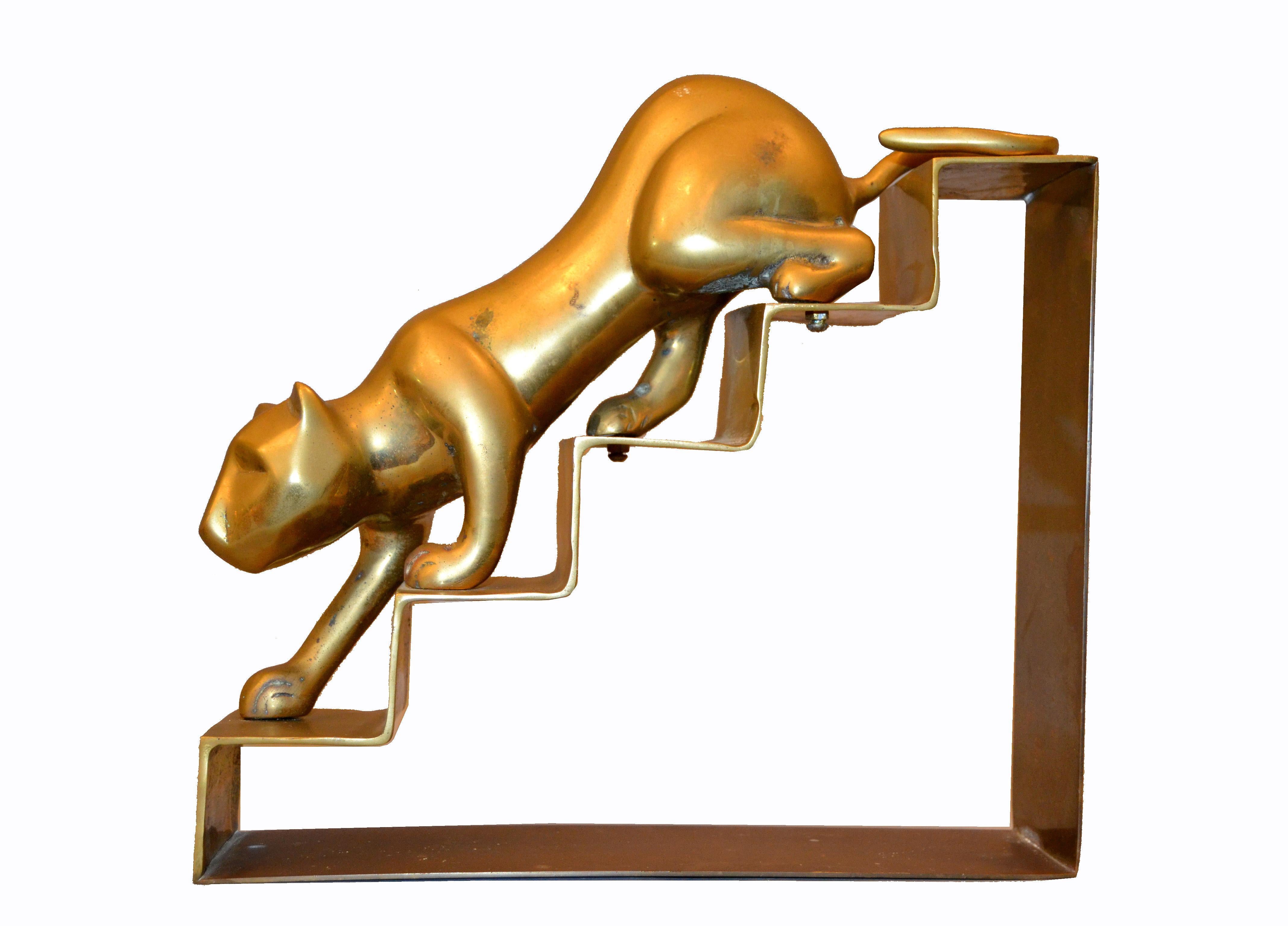 Hand-Crafted Art Deco Large Bronze Panther Sculpture Walking Down the Stairs For Sale