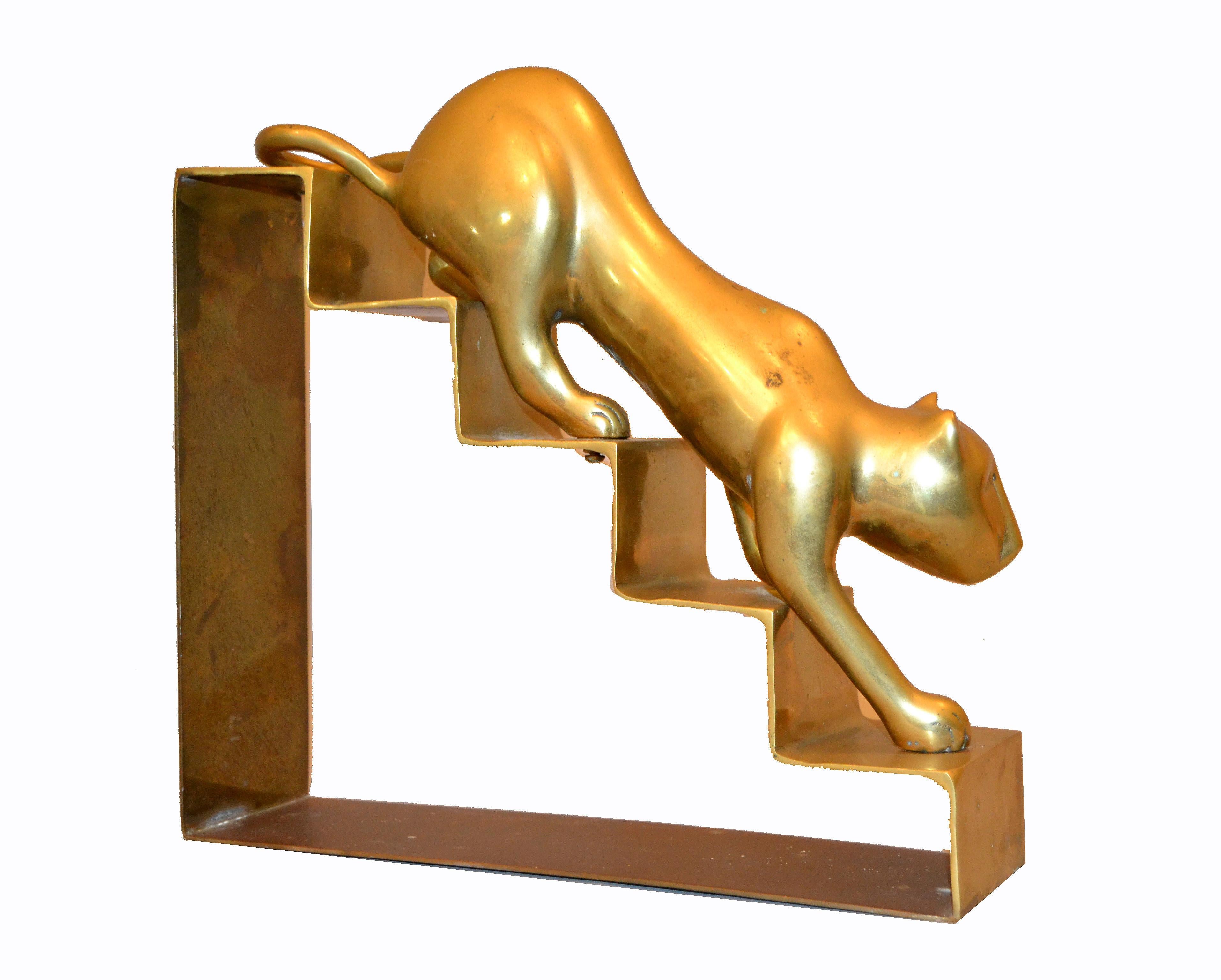 Late 20th Century Art Deco Large Bronze Panther Sculpture Walking Down the Stairs For Sale