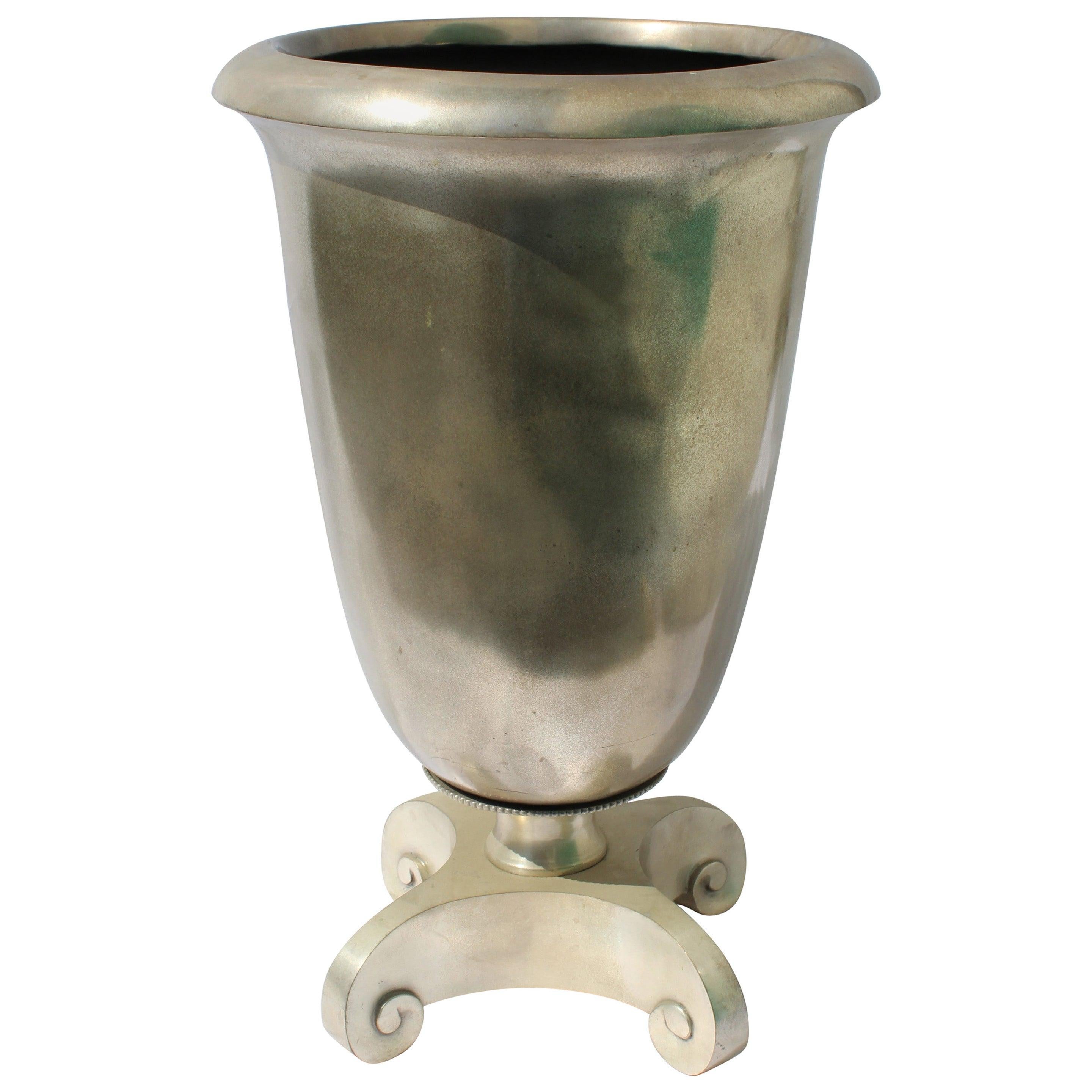 Art Deco Large Bronze Urn, Hi-Pol Antique Silver Patina, After Ruhlmann, Heavy
