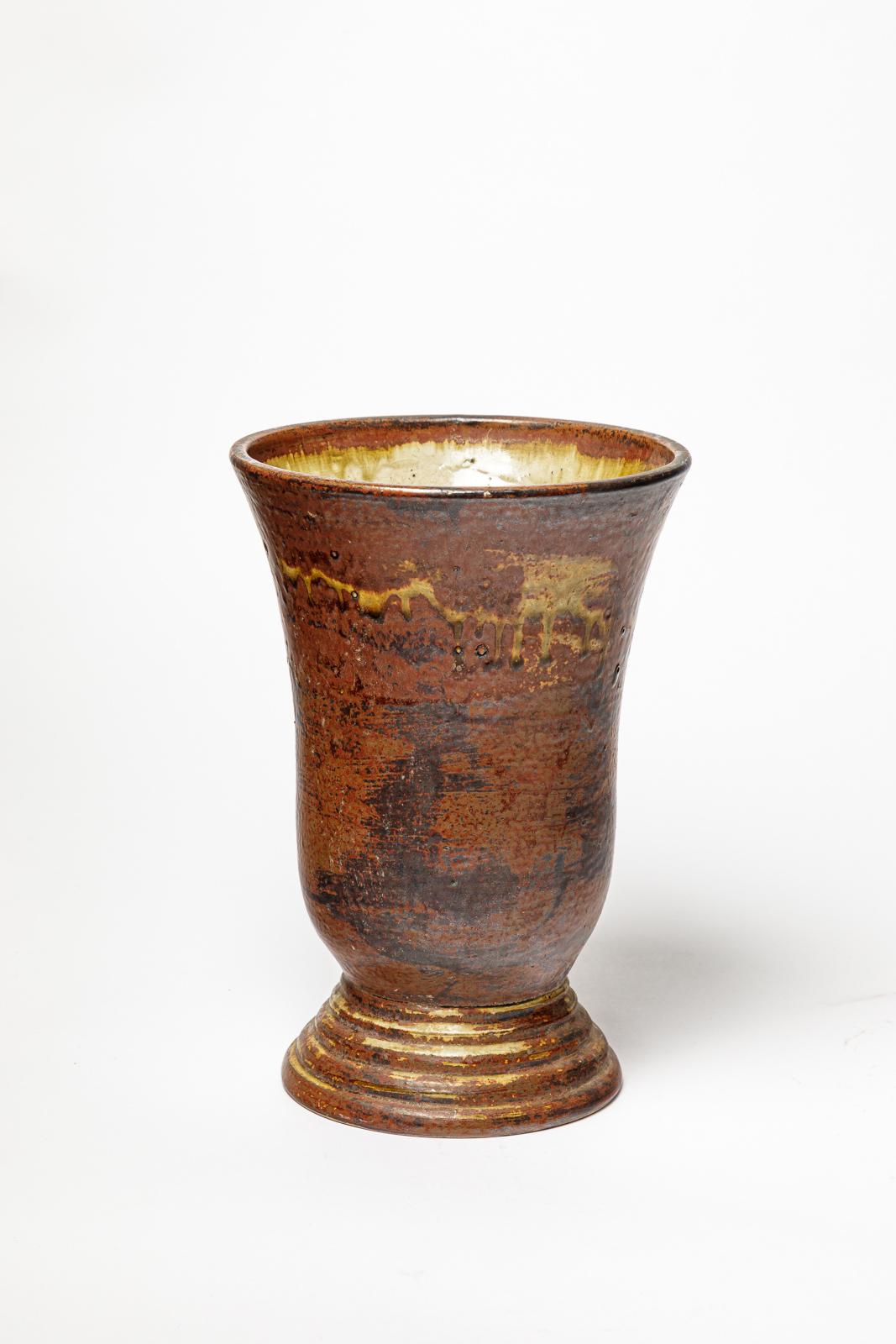 Français art deco grand vase en céramique en grès brun par Jean Talbot La Borne 1940 28 cm en vente
