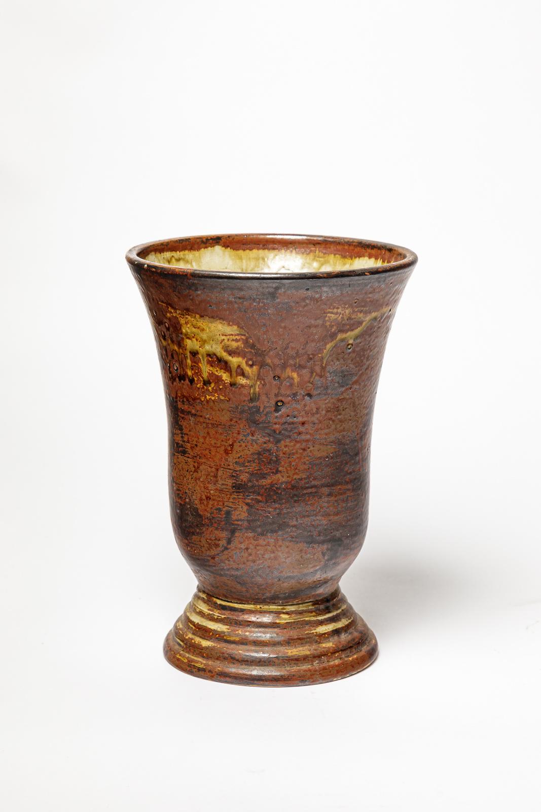 art deco grand vase en céramique en grès brun par Jean Talbot La Borne 1940 28 cm Excellent état - En vente à Neuilly-en- sancerre, FR