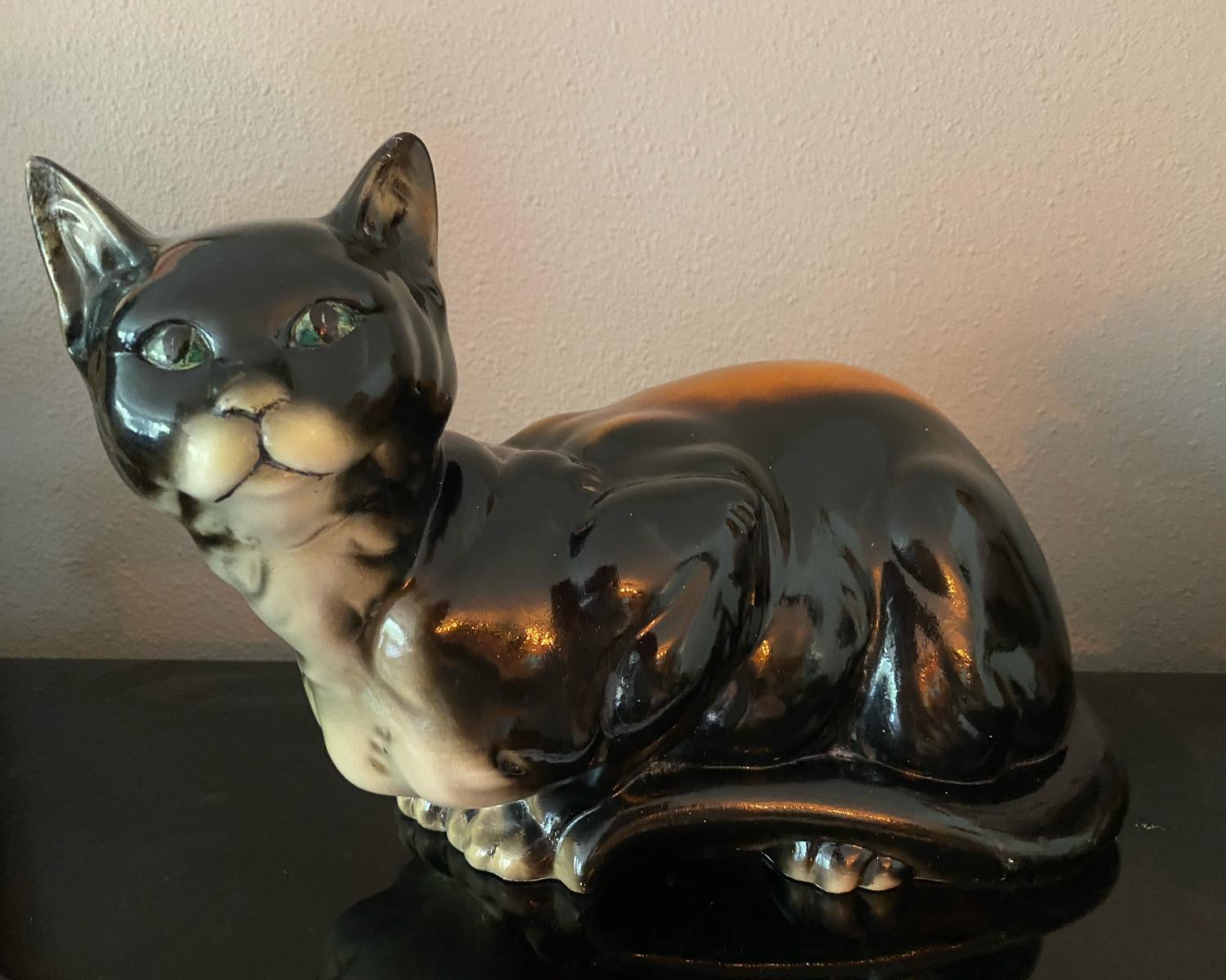 Large Art Deco Cat sculpture from probably Belgium, dates from 1930s or 1940s. Not marked on the bottom. 