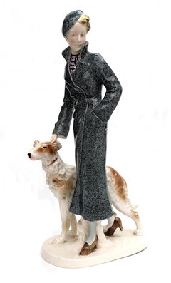Art Deco Large Ceramic Figure & Dog, German, c1930