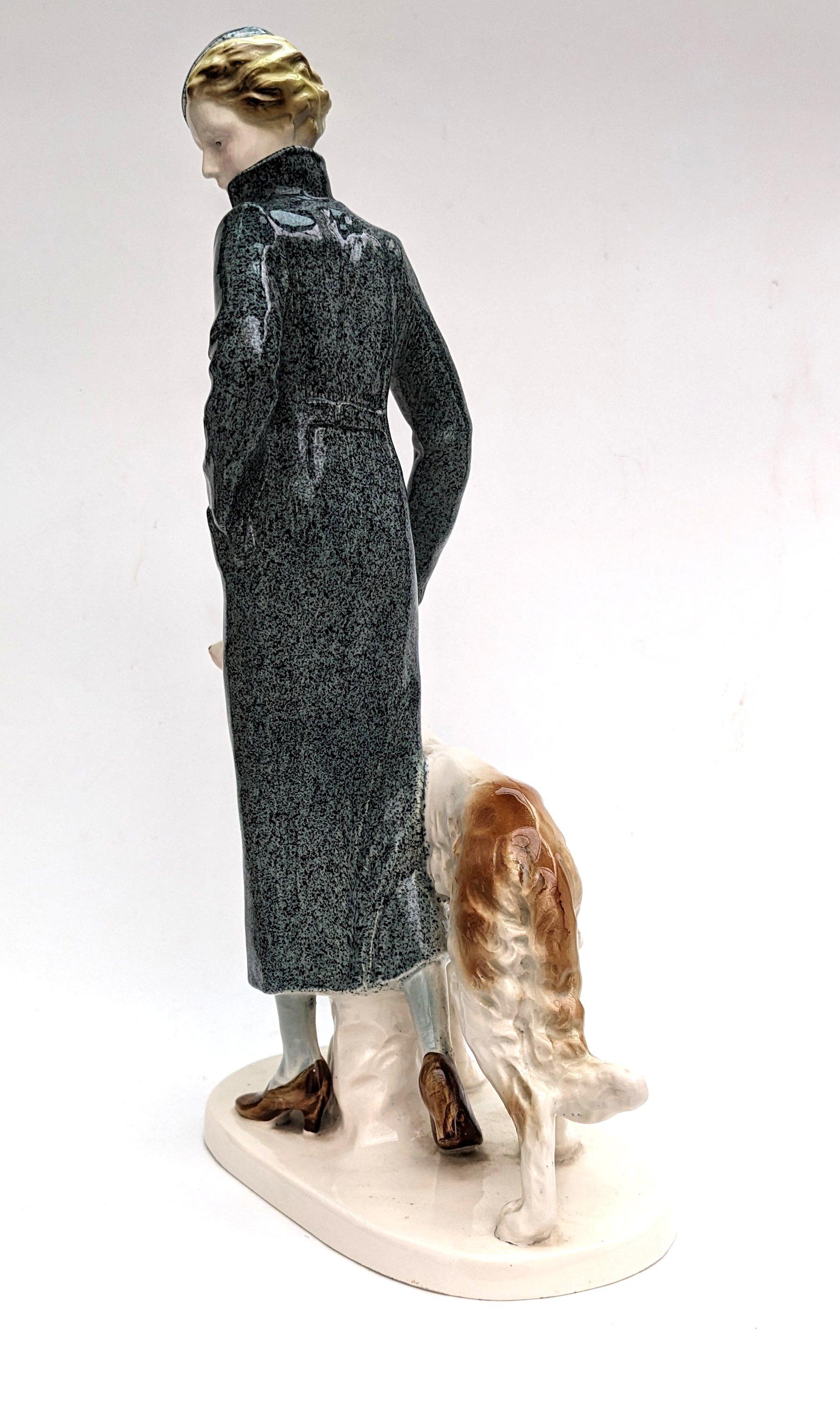 Art Deco Large Ceramic Figure & Dog, German, c1930 In Good Condition For Sale In Devon, England