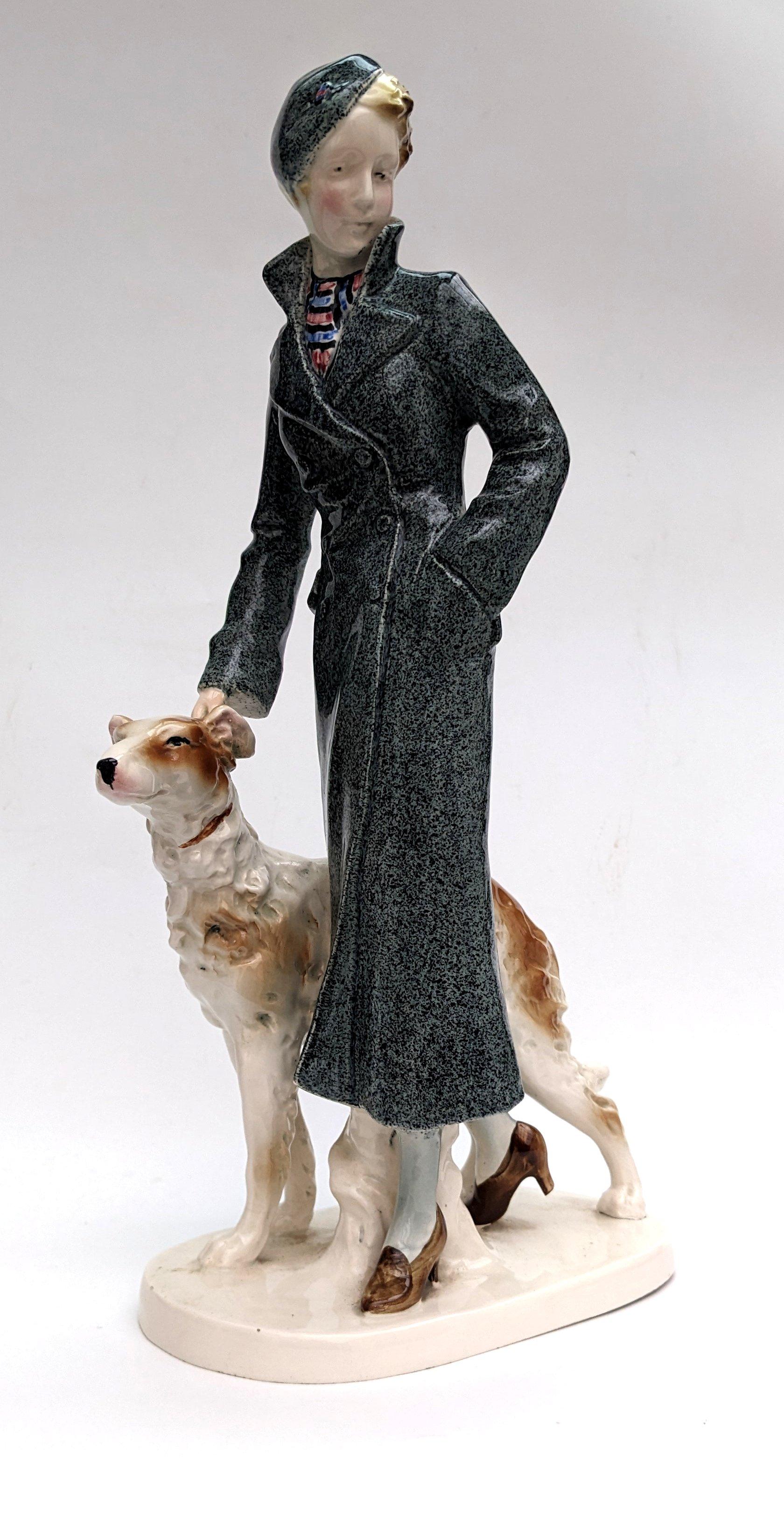 Art Deco Large Ceramic Figure & Dog, German, c1930 For Sale 2