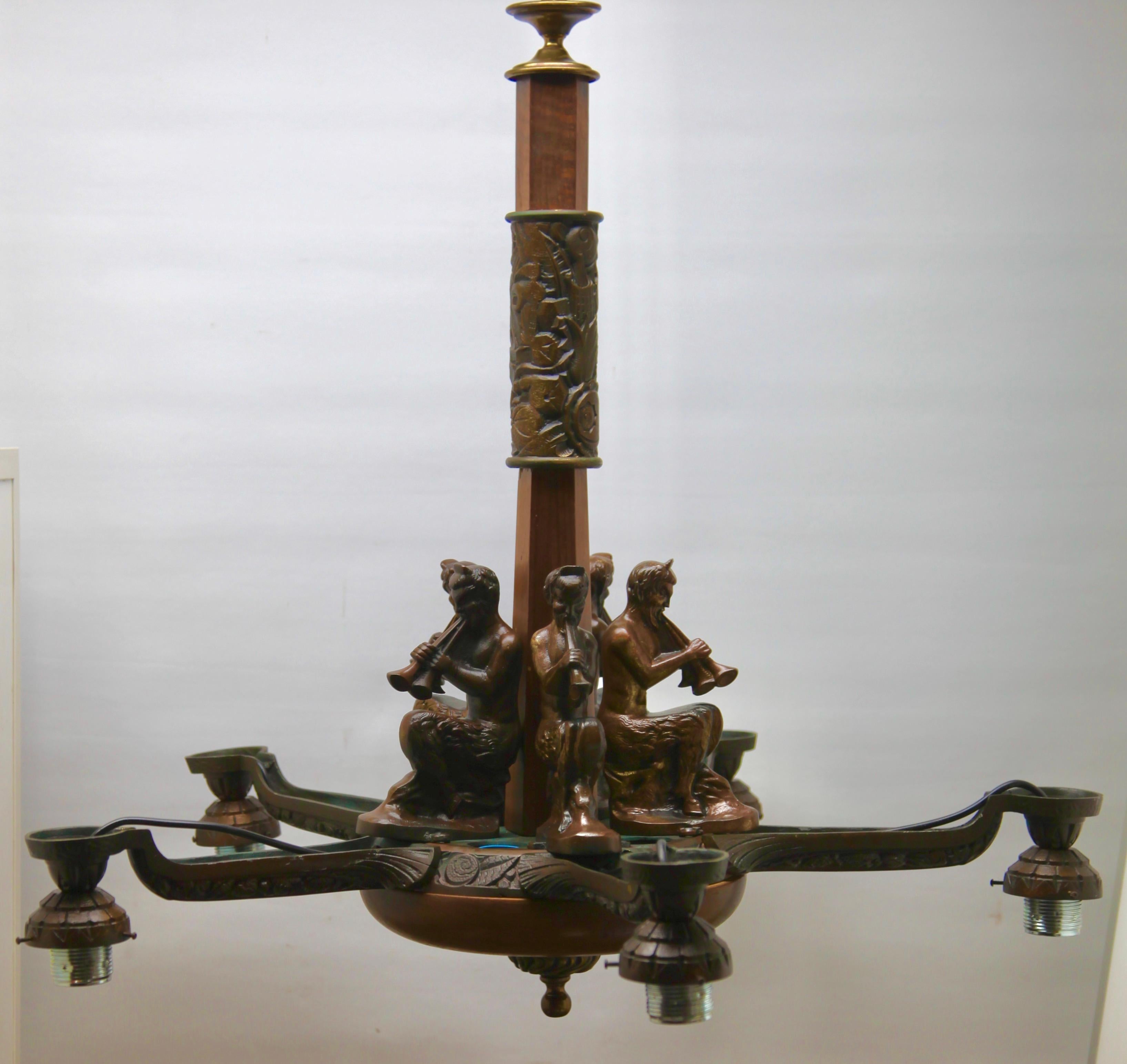 Art Deco Large Chandelier Cast Bronze Five Mounts and with Wooden Details For Sale 5