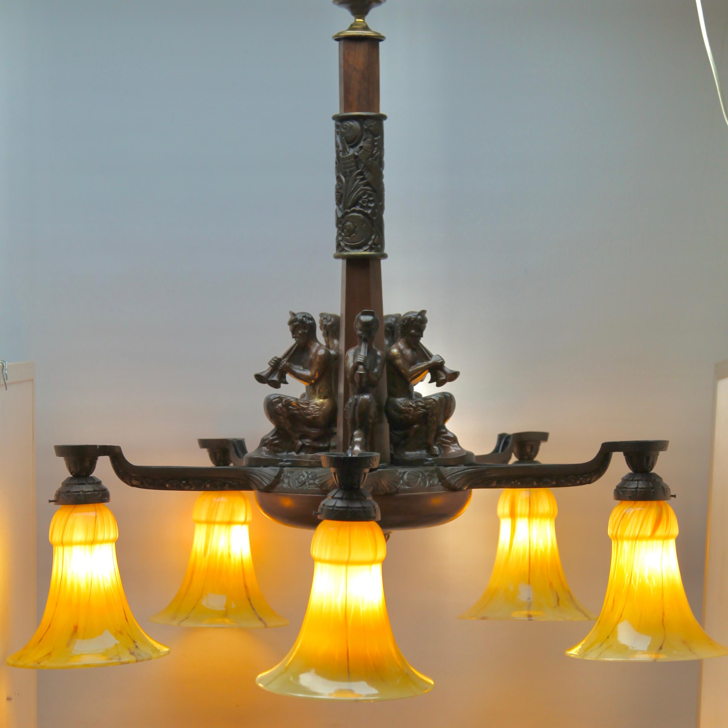 Art Deco Large Chandelier Cast Bronze Five Mounts and with Wooden Details For Sale 8