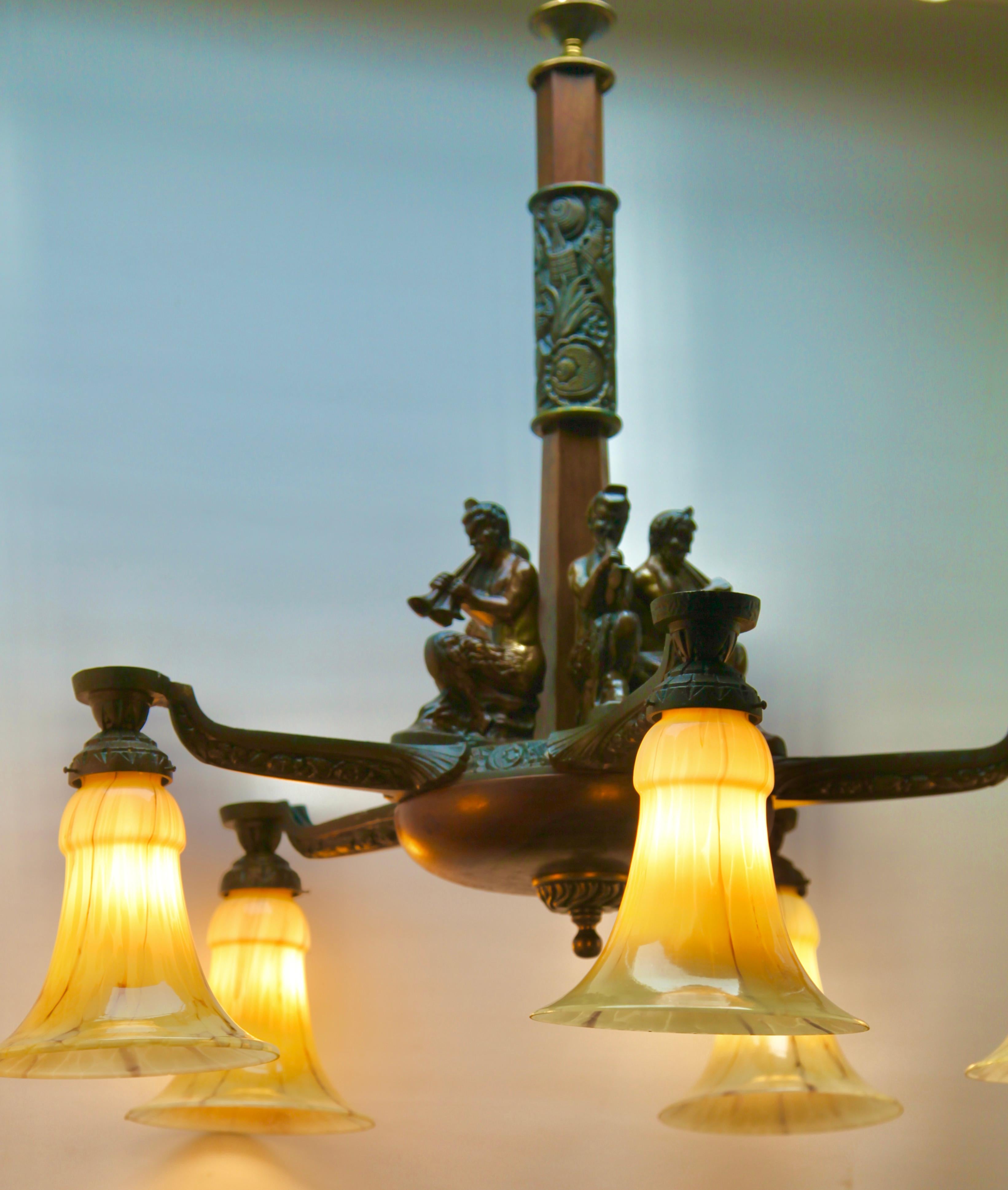 Art Deco Large Chandelier Cast Bronze Five Mounts and with Wooden Details For Sale 10