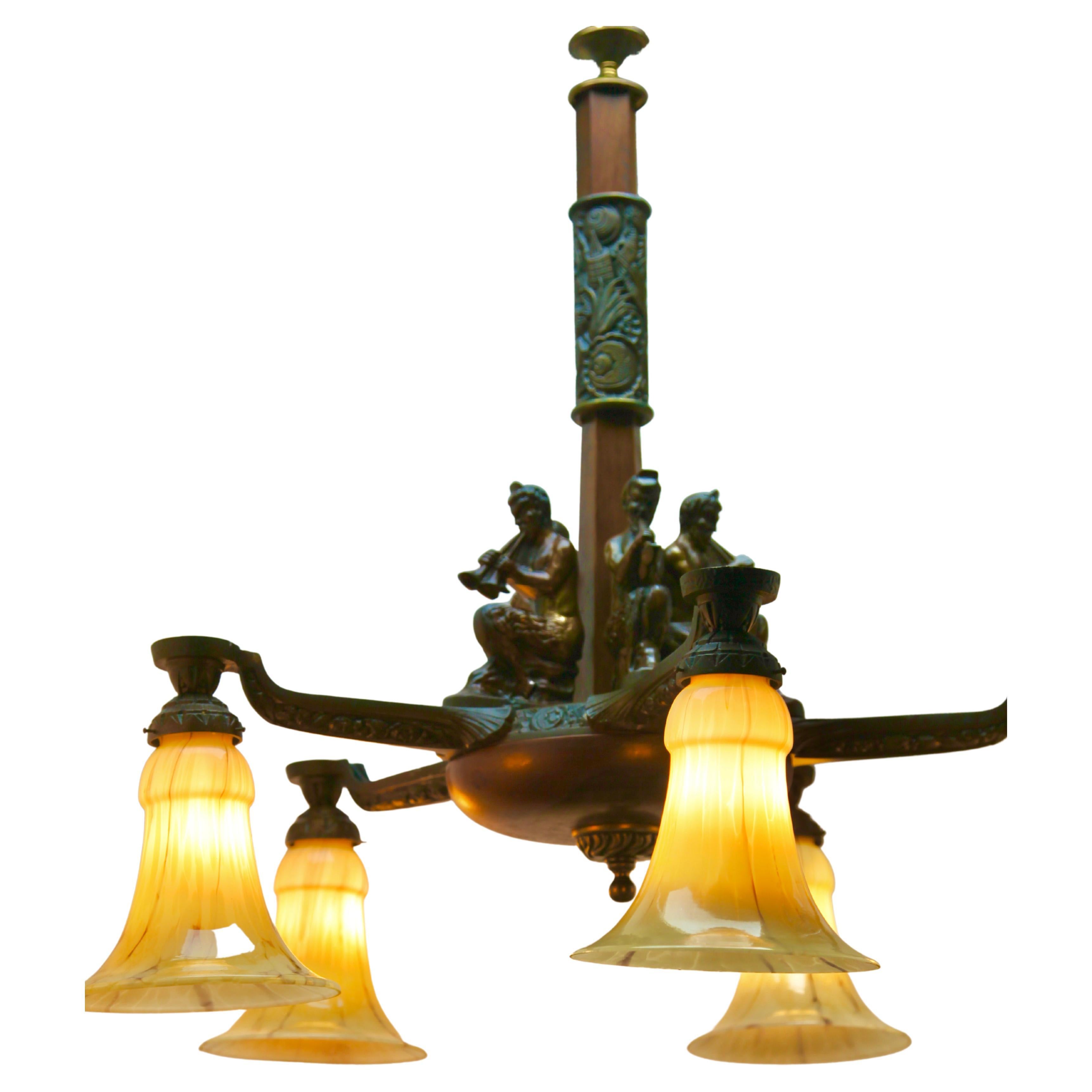 French Art Deco Large Chandelier Cast Bronze Five Mounts and with Wooden Details For Sale