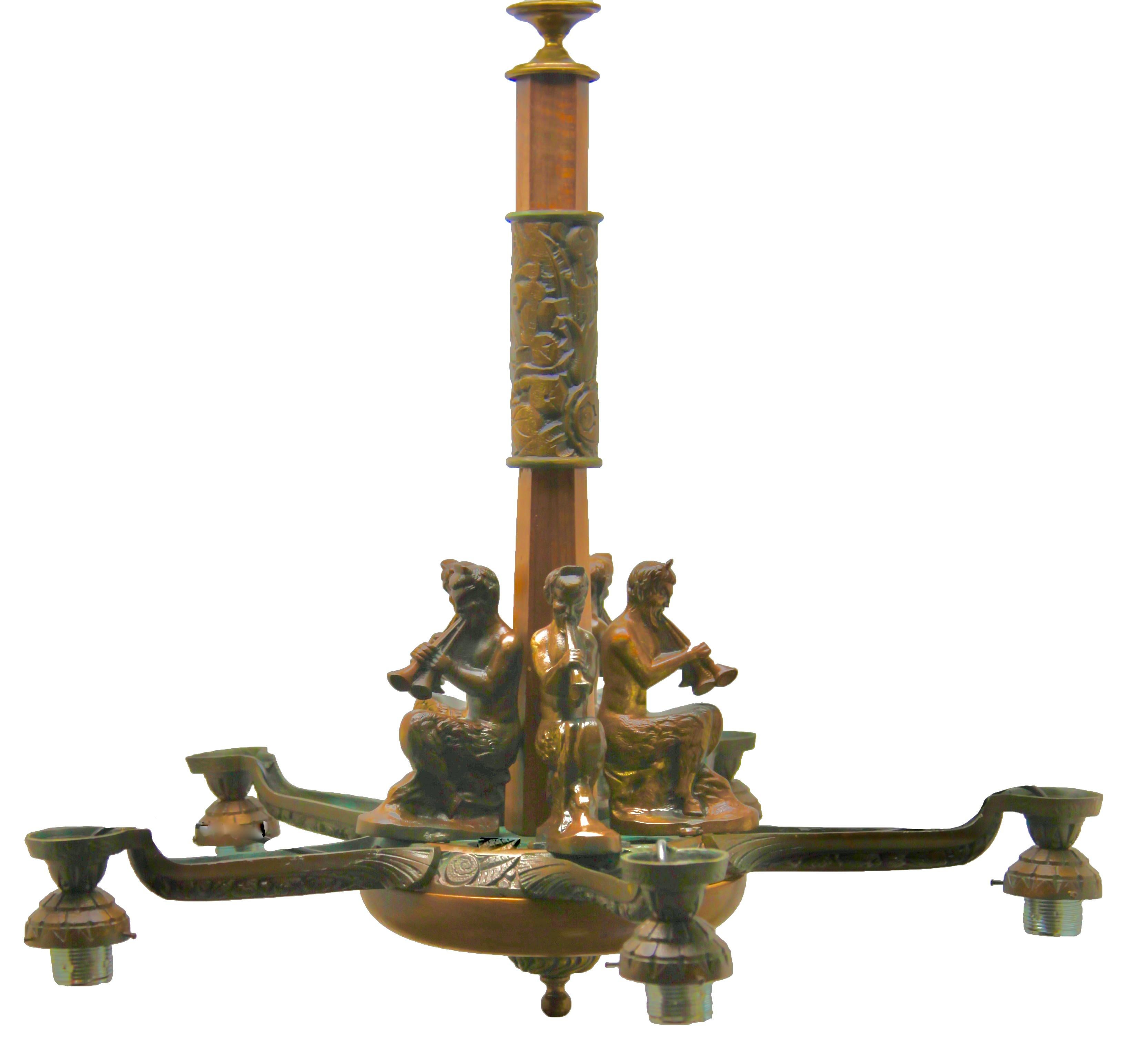 Art Deco Large Chandelier Cast Bronze Five Mounts and with Wooden Details For Sale 3