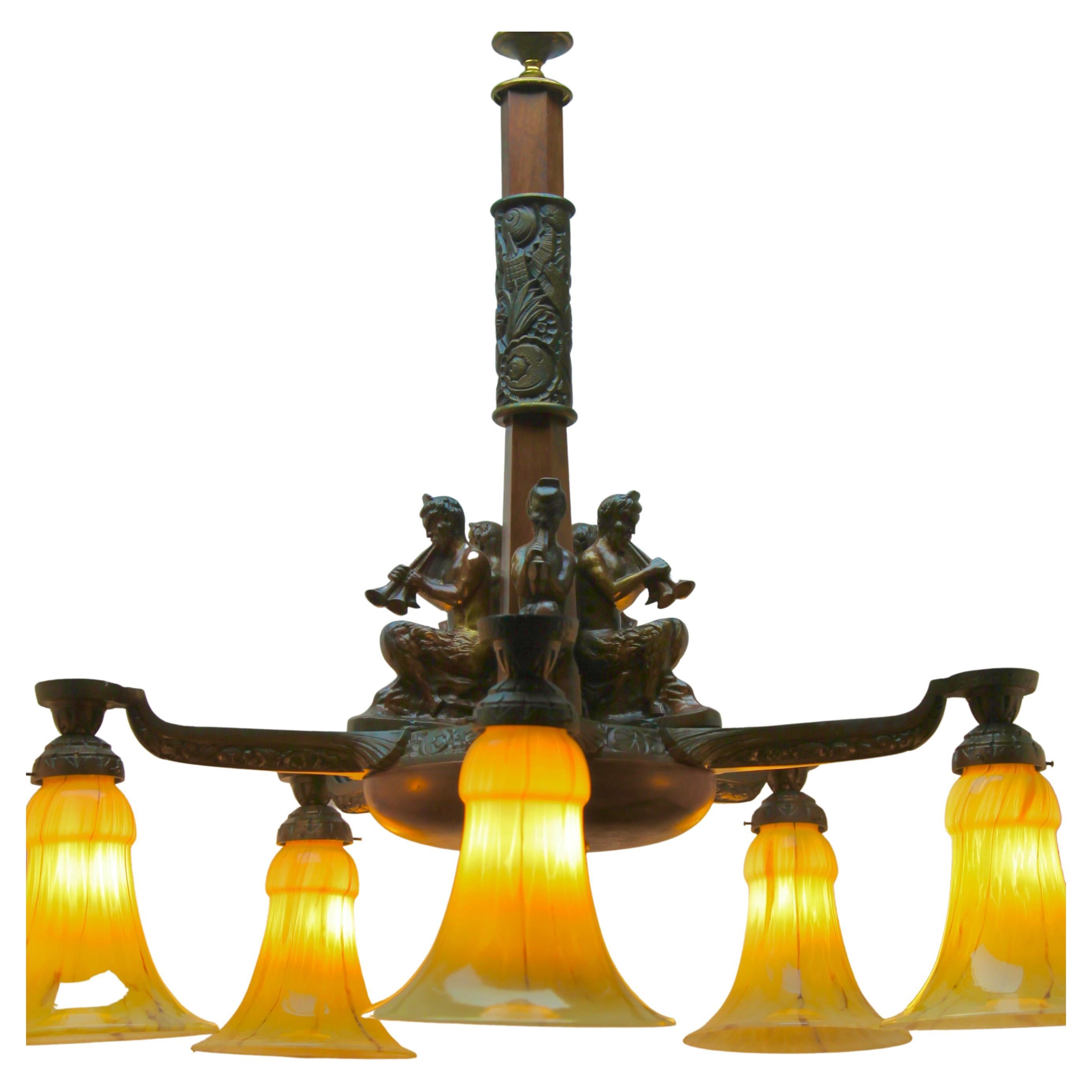 Art Deco Large Chandelier Cast Bronze Five Mounts and with Wooden Details For Sale