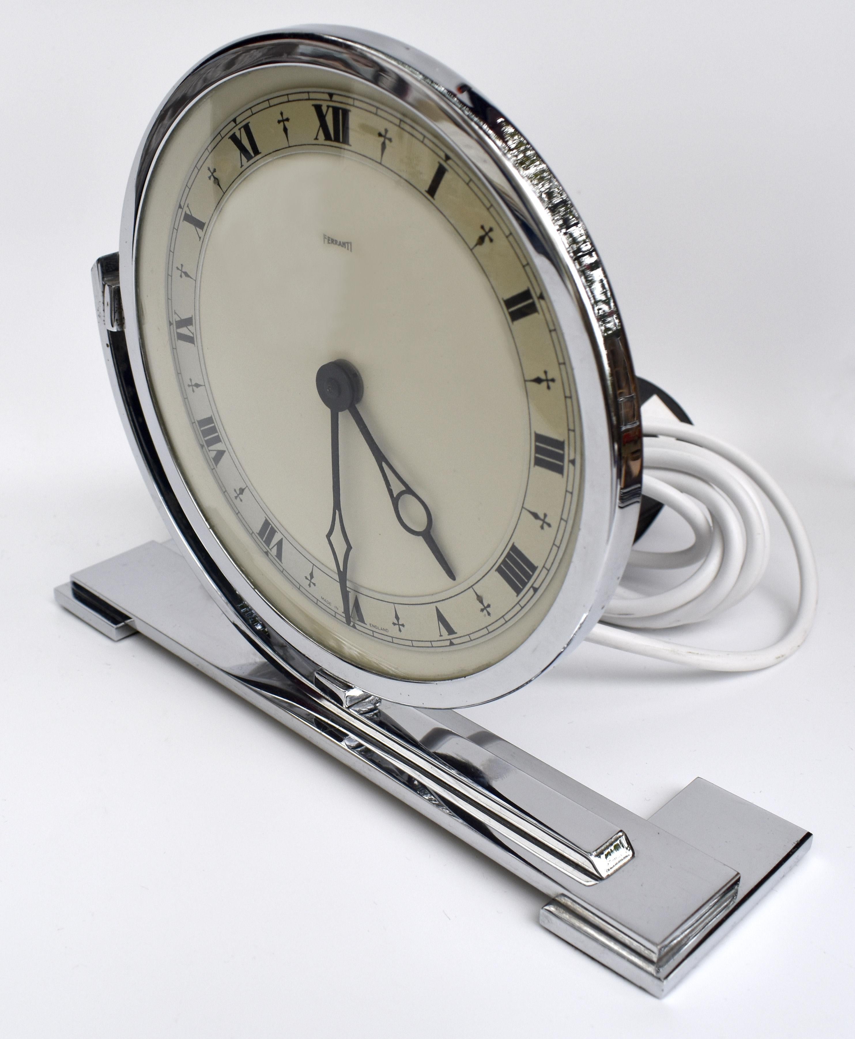 20th Century Art Deco Large Chrome Mantle Clock by Ferranti, England, c1930 For Sale
