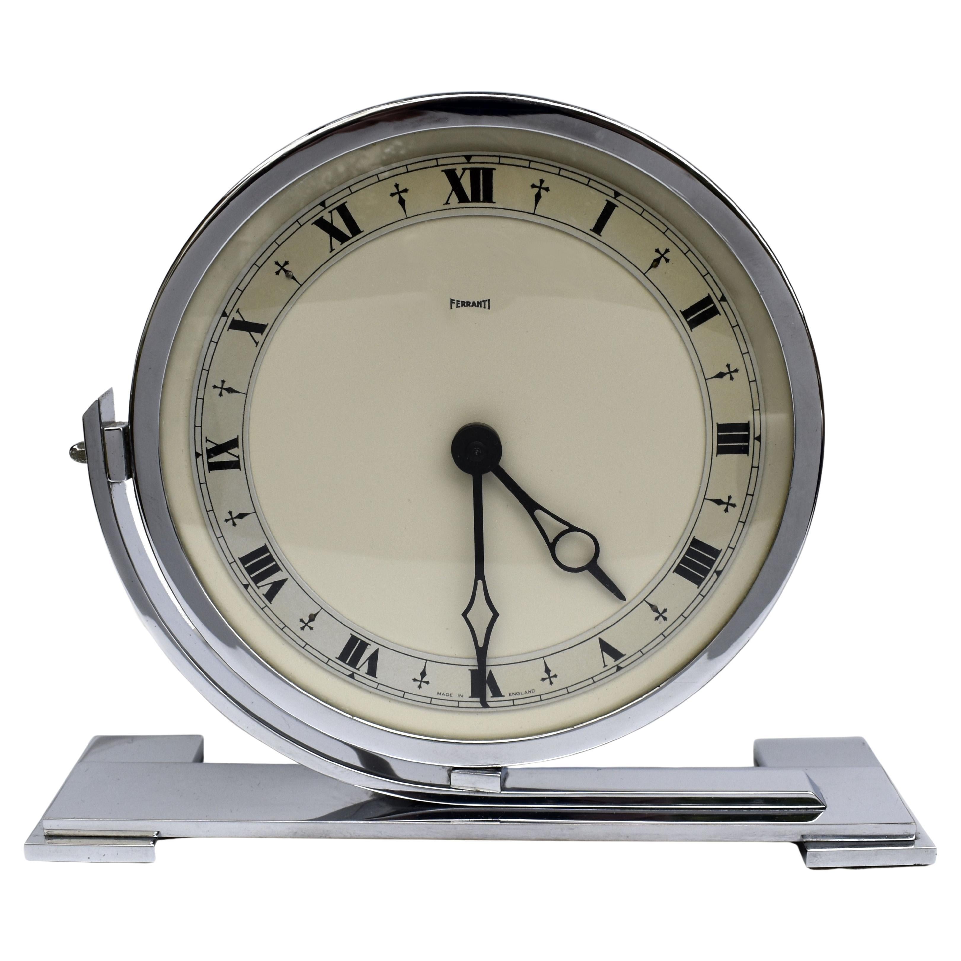 Art Deco Large Chrome Mantle Clock by Ferranti, England, c1930 For Sale