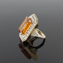Art Deco Large Citrine Diamond Silver Gold Ring