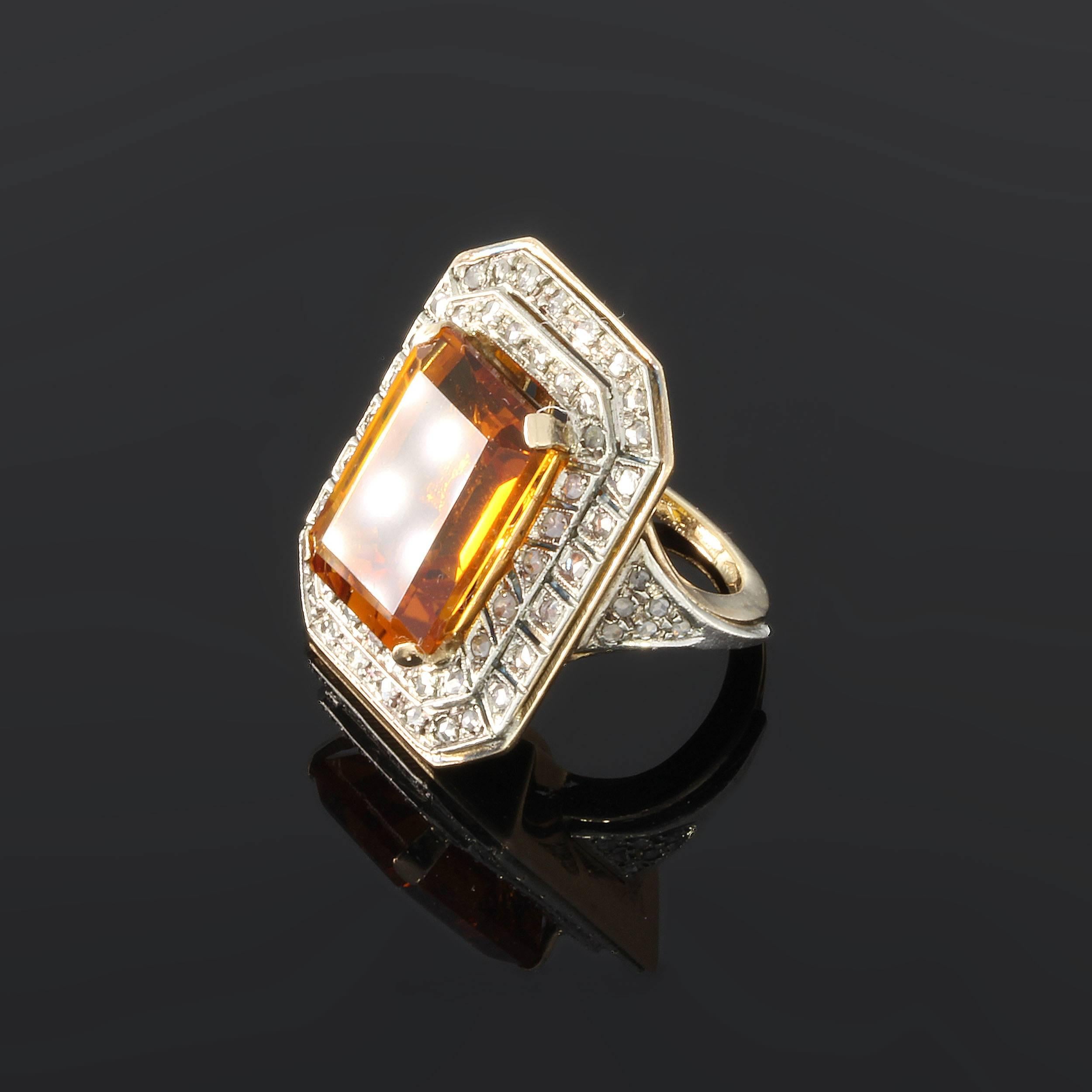 Emerald Cut Art Deco Large Citrine Diamond Silver Gold Ring For Sale