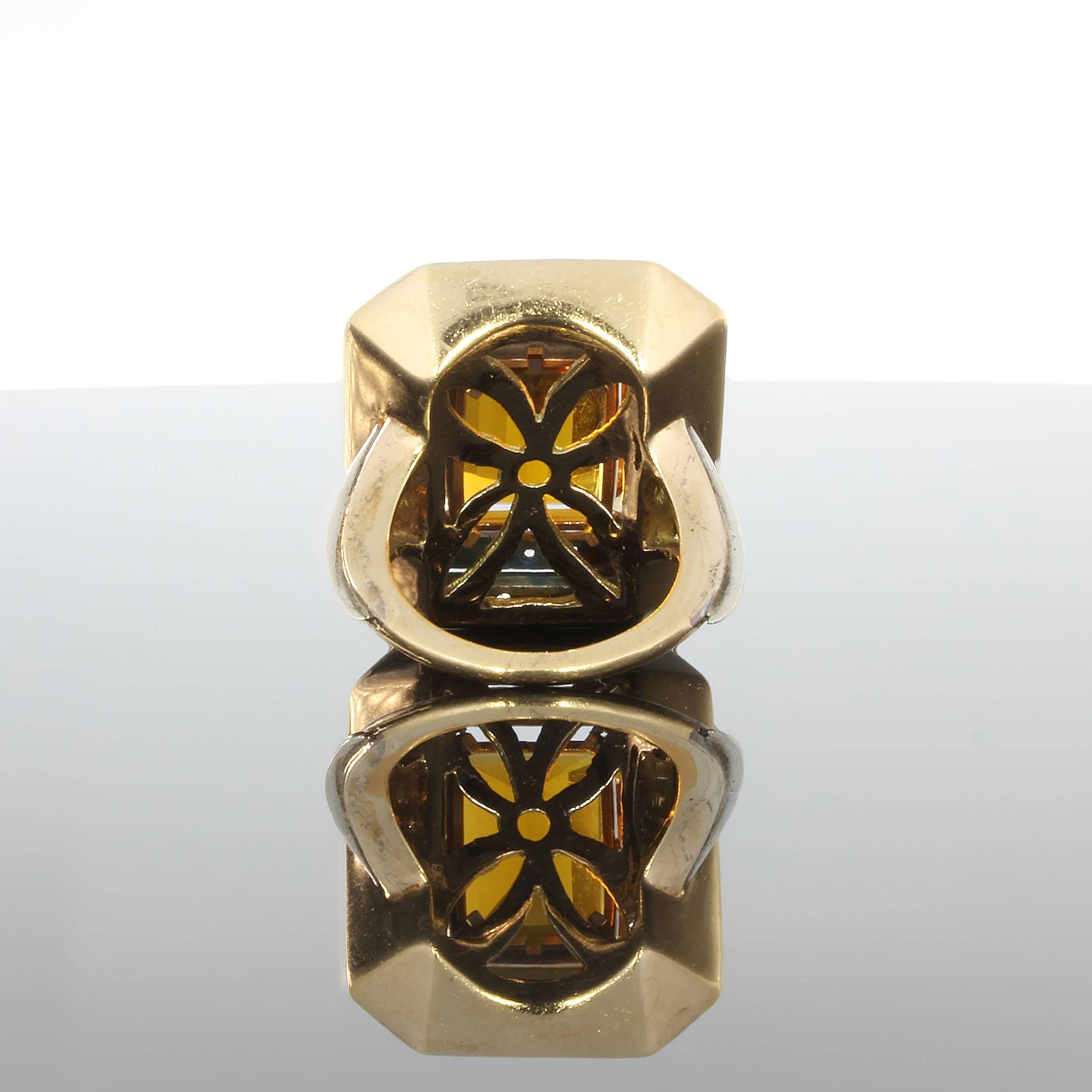 Art Deco Large Citrine Diamond Silver Gold Ring In Excellent Condition For Sale In Berlin, DE
