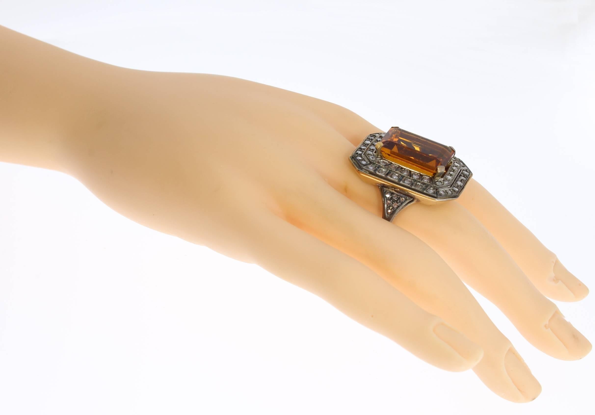 Art Deco Large Citrine Diamond Silver Gold Ring For Sale 1