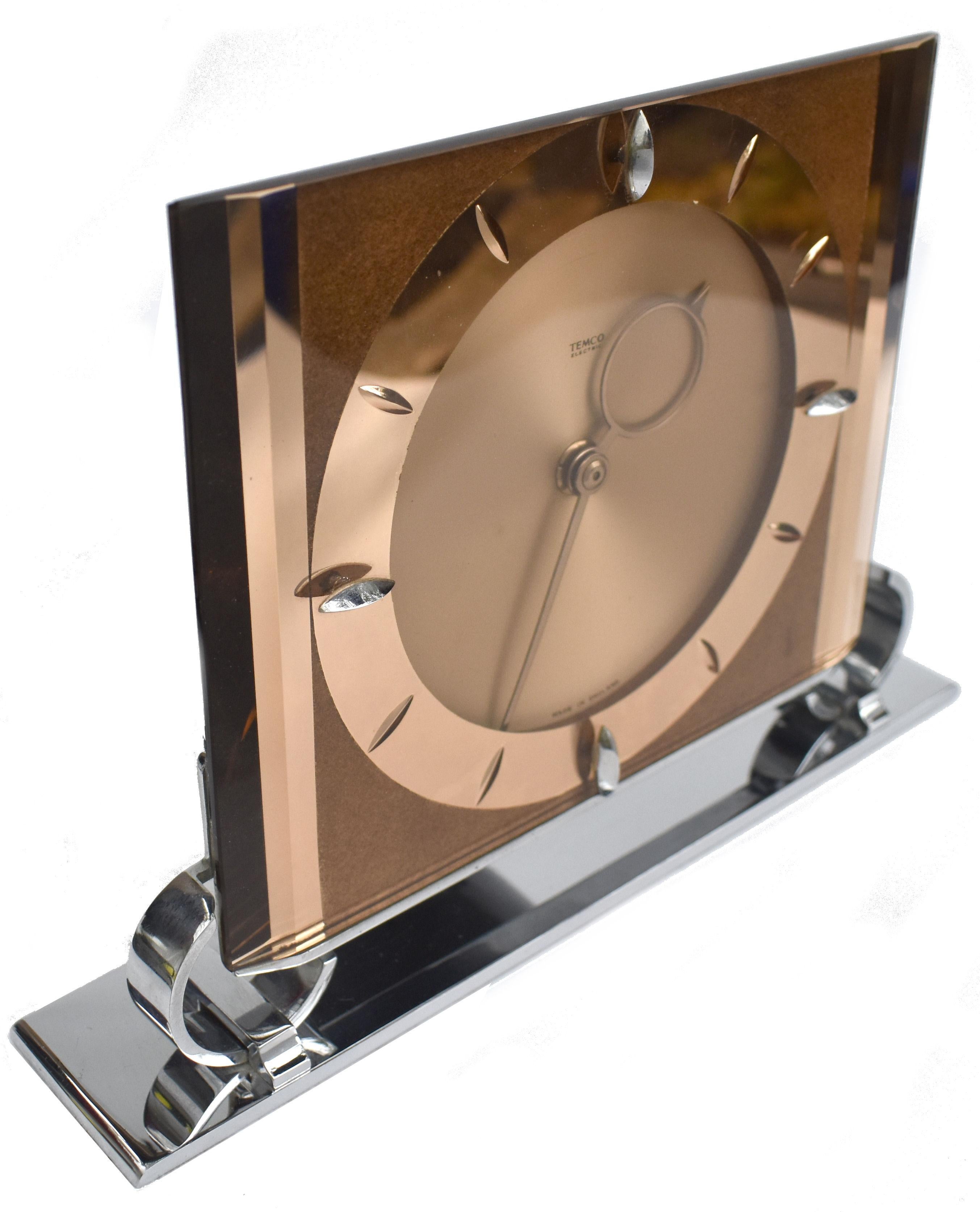English Art Deco Large Copper Glass Electric Mantle Clock by Temco, England, C1930
