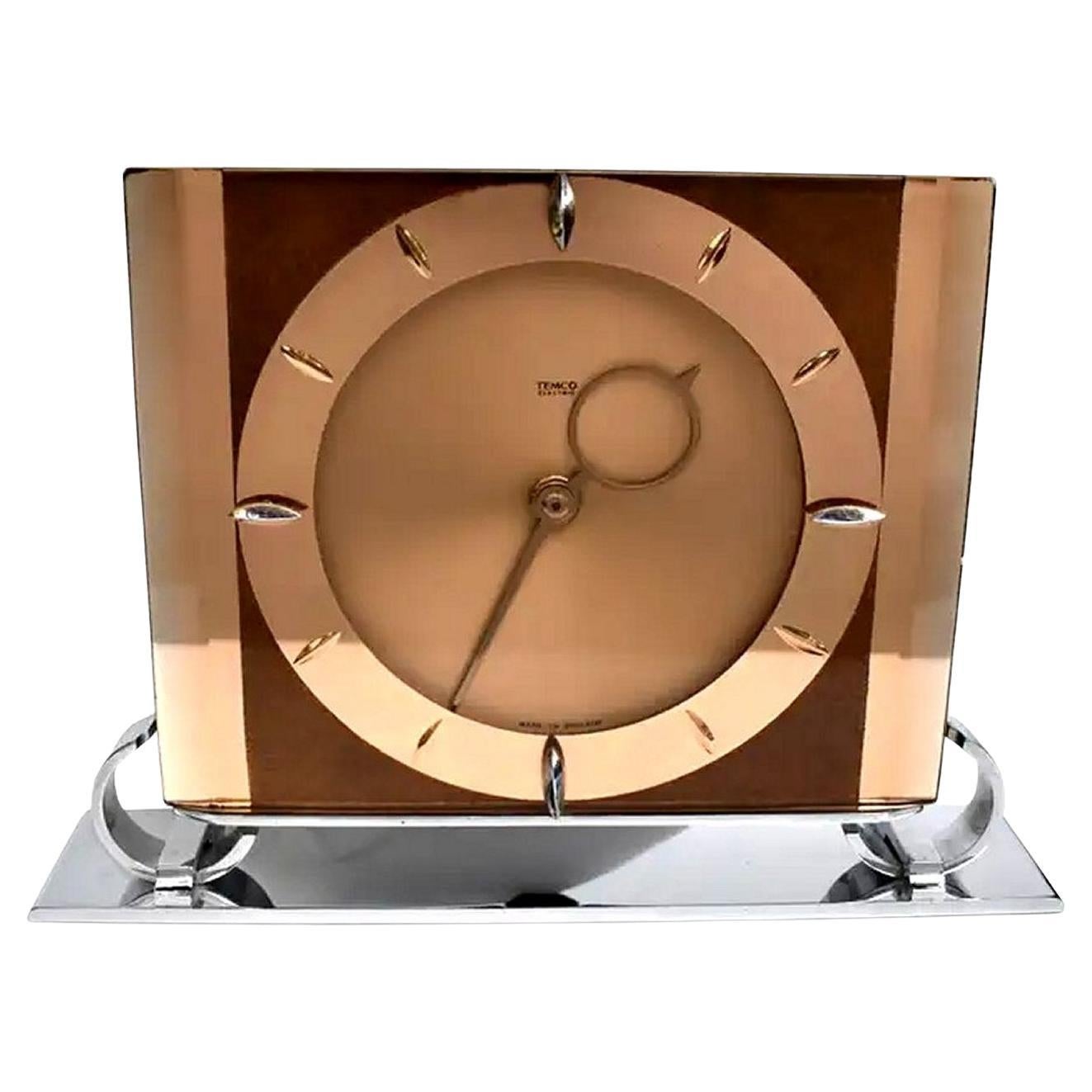 Art Deco Large Copper Mirror Electric Mantle Clock by Temco, England, C1930 For Sale