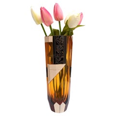 Art Deco Large Czech Amber Glass Vase By Karl Palda, c1930
