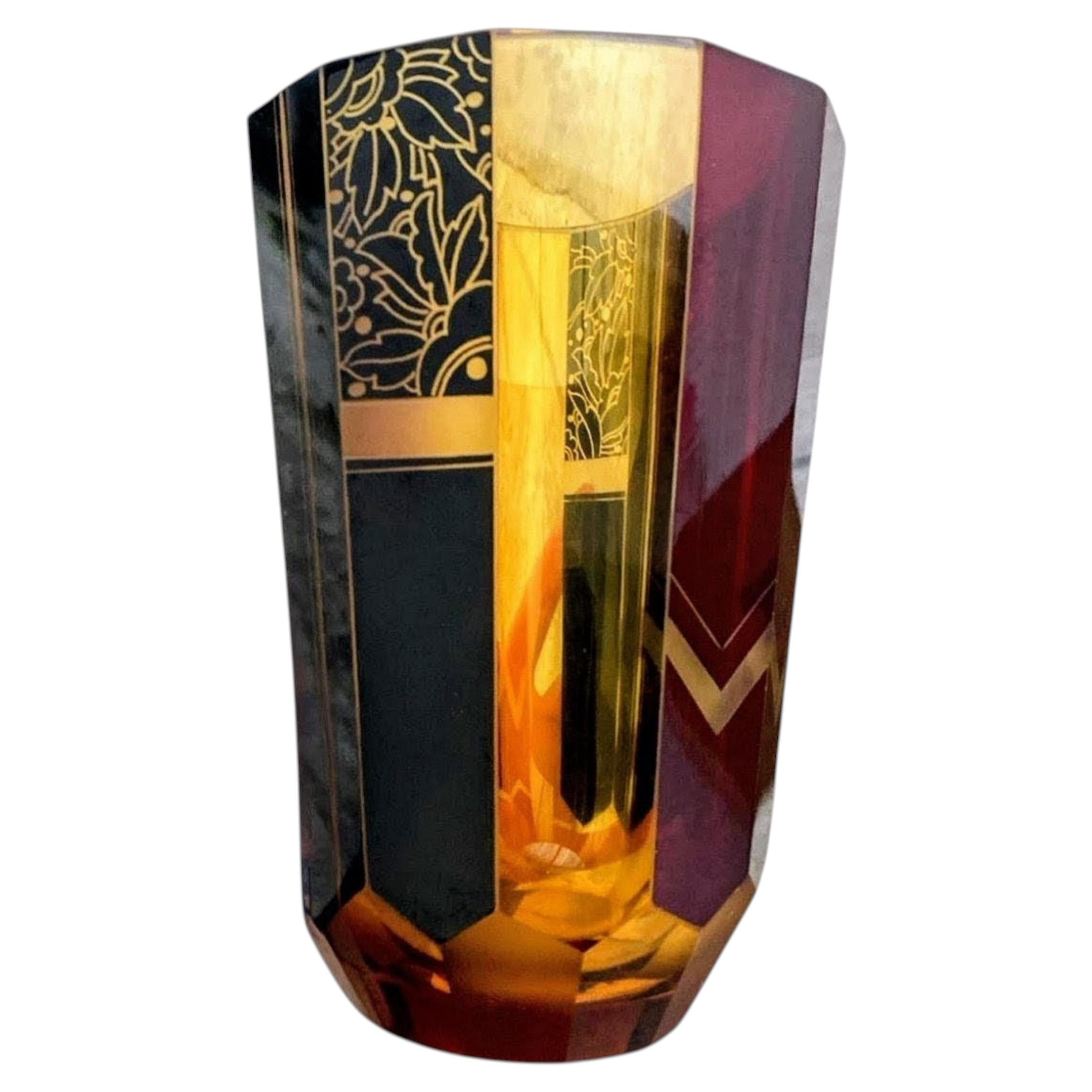 Art Deco Large Czech Amber Glass Vase By Karl Palda, c1930
