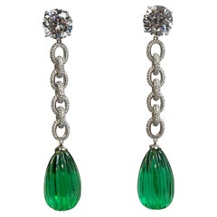 Art Deco Large Diamond Carved Emerald Long Costume Jewelry Chandelier Earrings